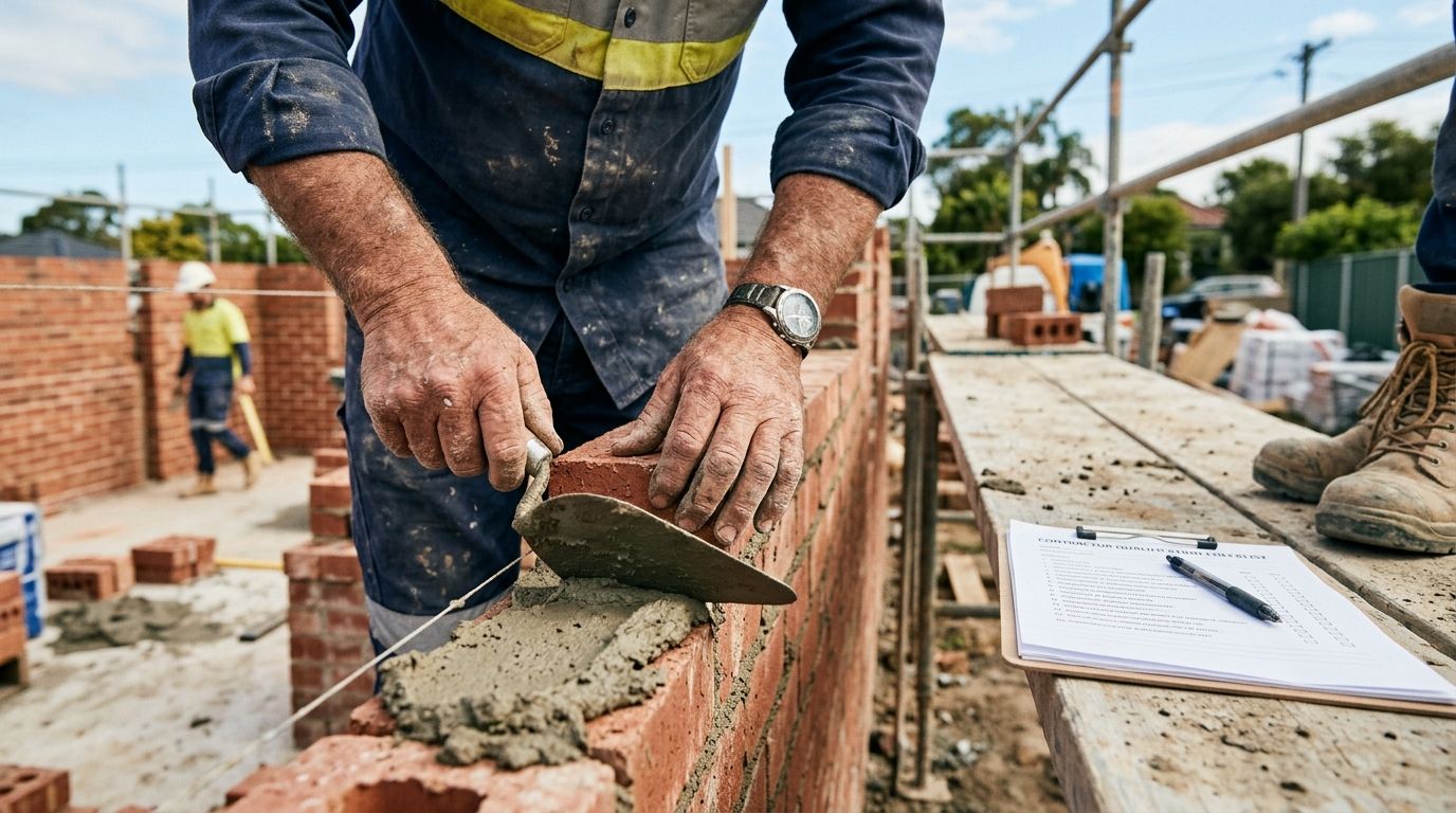 An experienced bricklayer's hands holding a trowel beside a brick wall next to a clipboard on site.