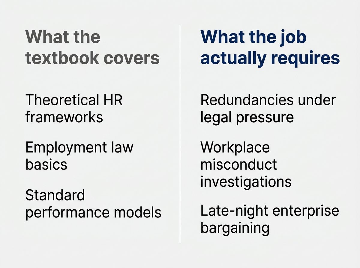 Graphic comparing academic HR textbook topics with high-stakes, real-world HR crisis management scenarios.