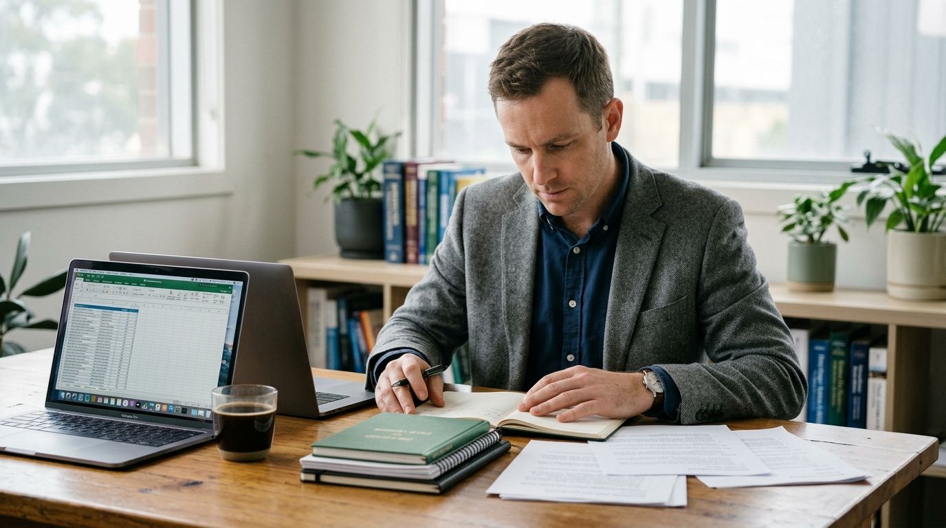 A focused professional organizing documents at a desk, representing the transition to investigative services