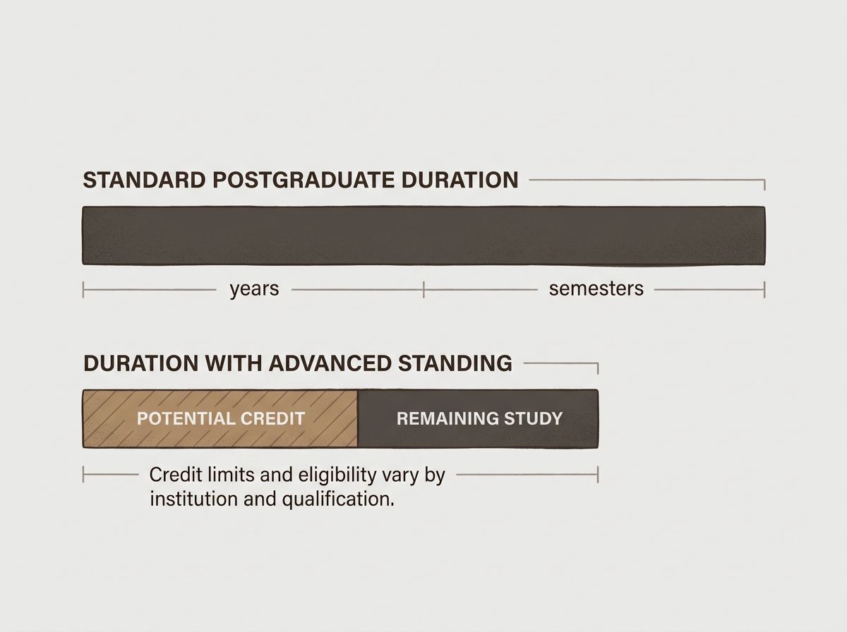 A timeline comparison showing standard postgraduate duration compared to duration with advanced standing credit