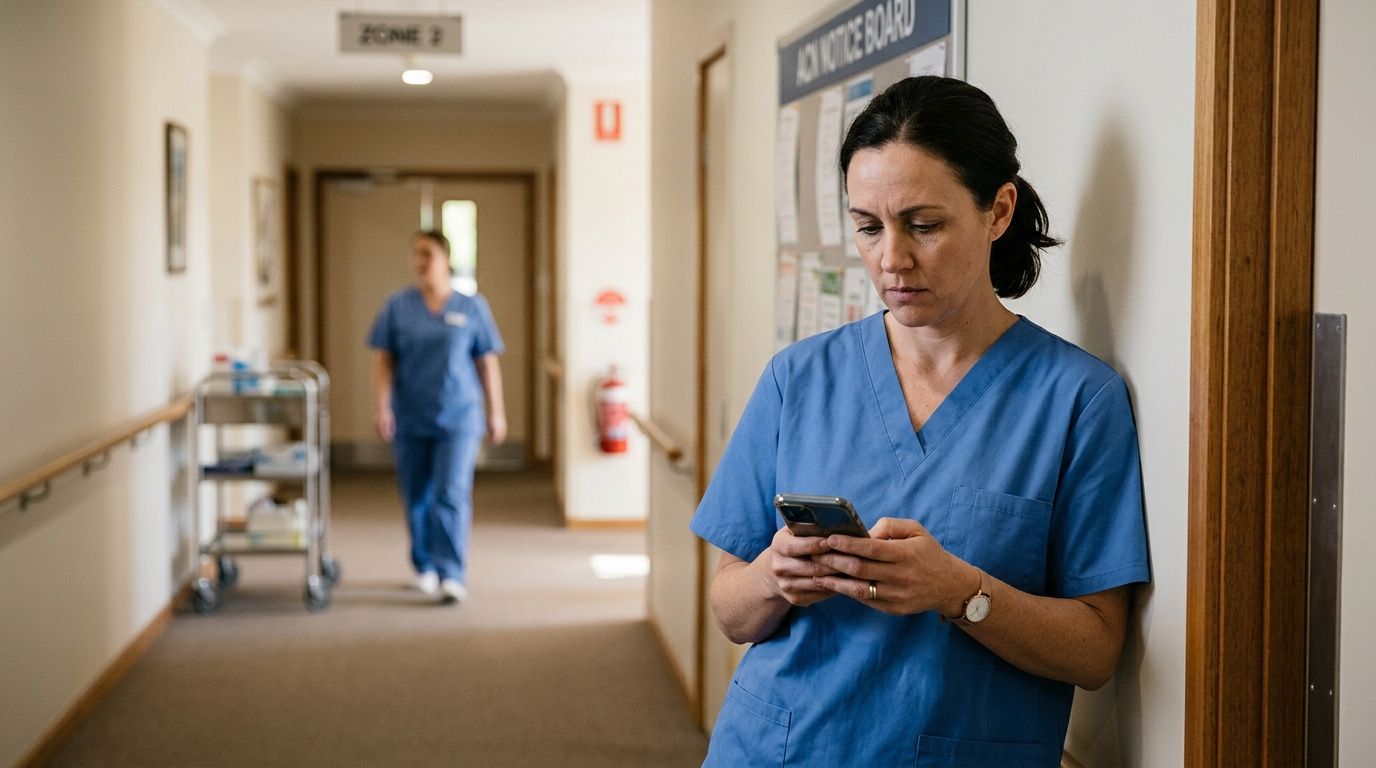 Aged care worker in blue scrubs looking at a roster on their phone with a concerned expression in a care facility.