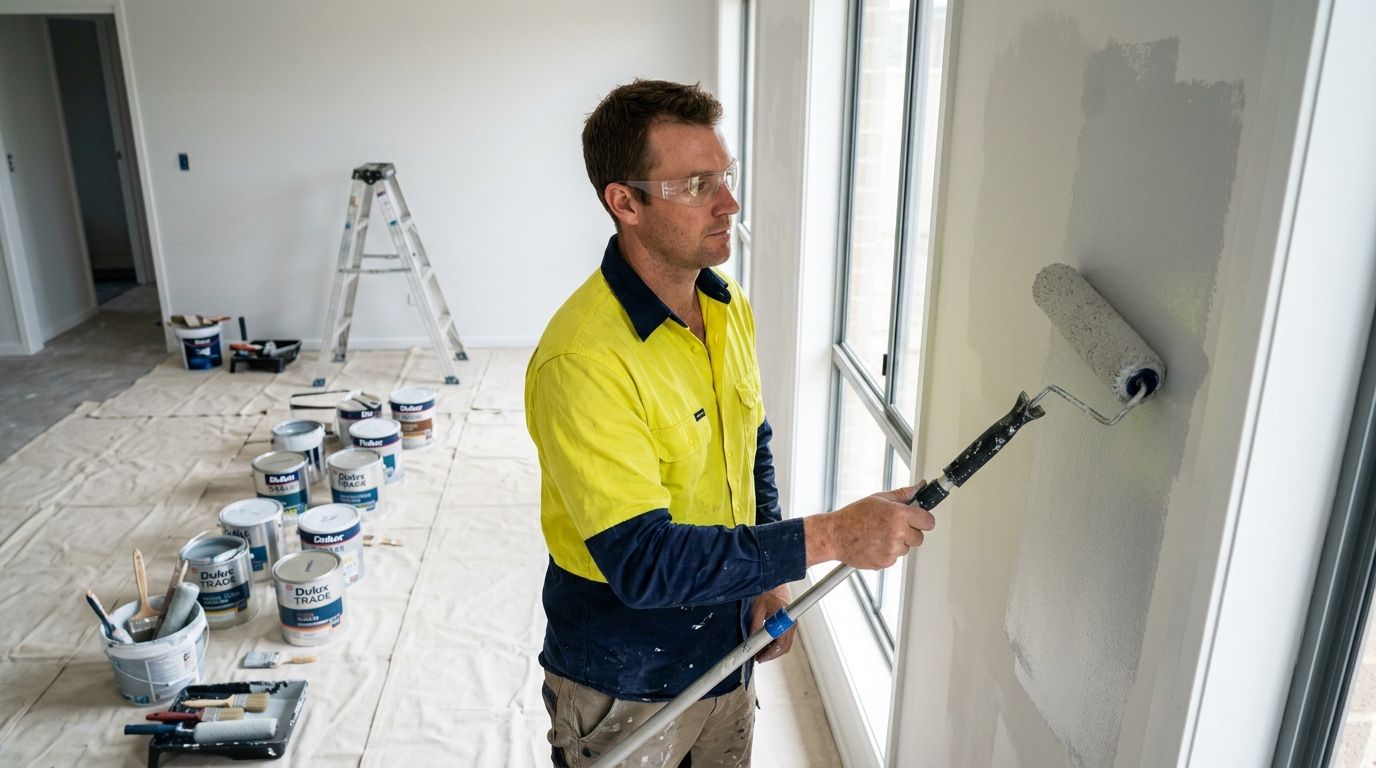 Experienced Australian painter using a roller on a residential job site, showcasing trade competency.