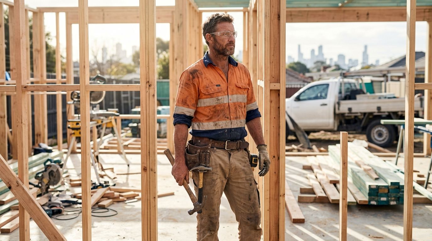 Experienced Australian carpenter in PPE standing by timber framing on a residential building site