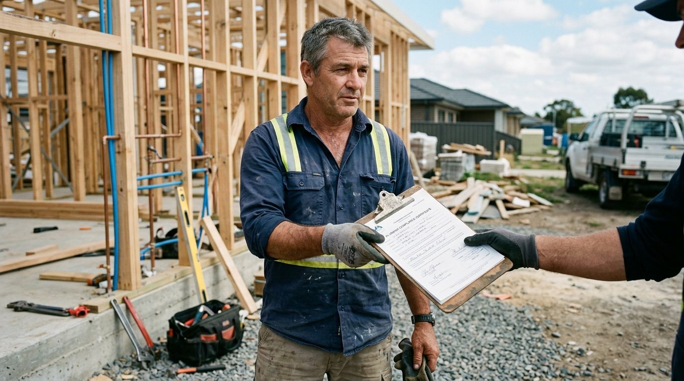 An experienced Australian plumber handing over compliance paperwork on a worksite, representing the sign-off tax.