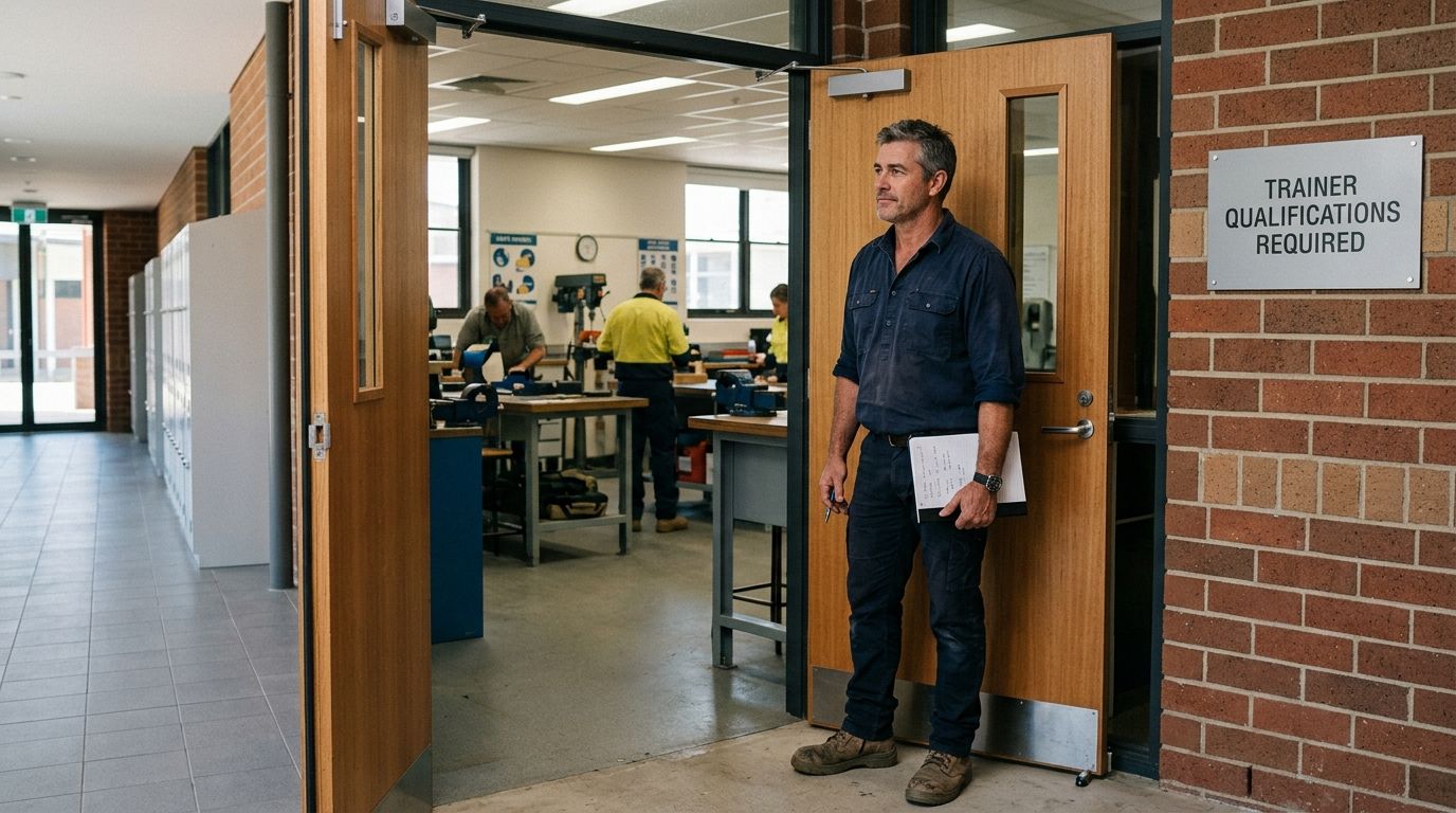 Experienced Australian professional at a VET classroom doorway, representing the TAE40122 entry requirement.
