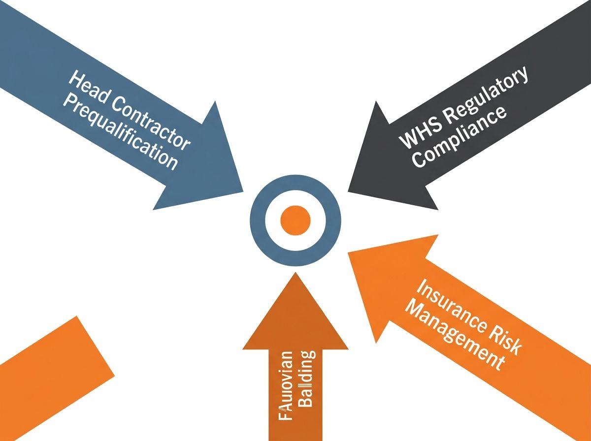 Diagram of the three forces driving bricklaying qualification mandates: prequalification, WHS, and insurance.