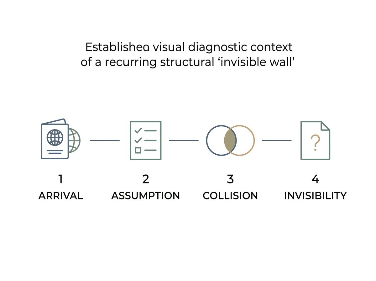 A 4-step diagram showing the cycle of Arrival, Assumption, Collision, and Invisibility faced by skilled migrants