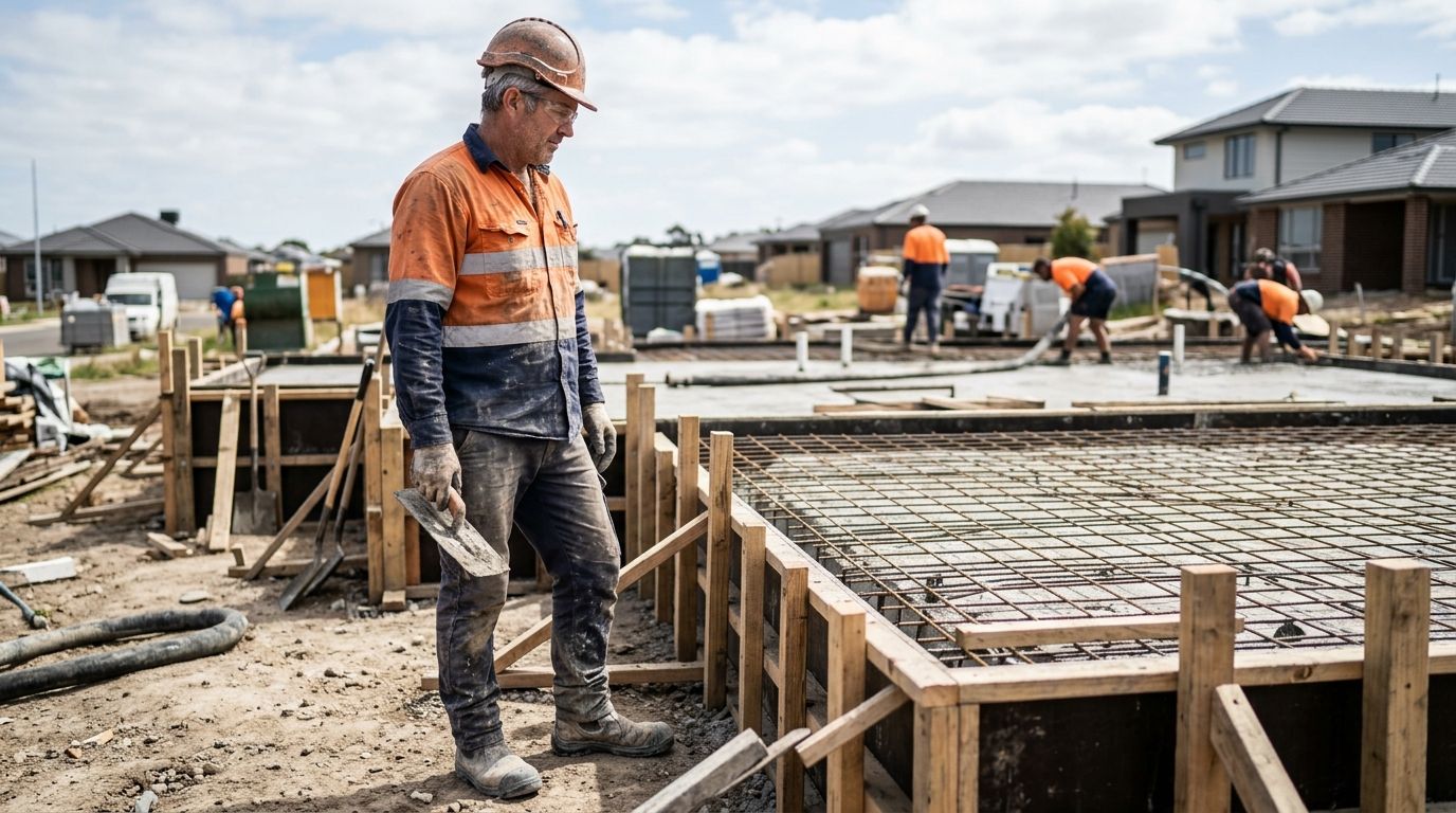 Experienced Australian concreter in hi-vis on a Victorian work site next to structural steel reinforcement.