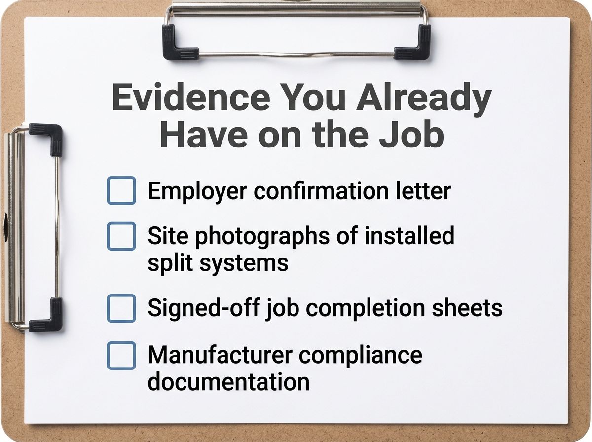 RPL evidence checklist for Certificate II in Split Air Conditioning and Heat Pump Systems showing required work documents.