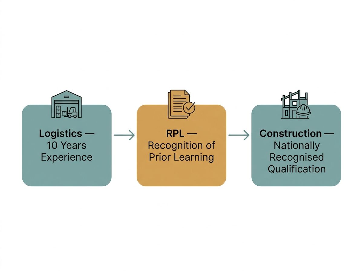 Diagram showing the Experience Exchange Rate: logistics experience converted via RPL into a nationally recognised constructi…