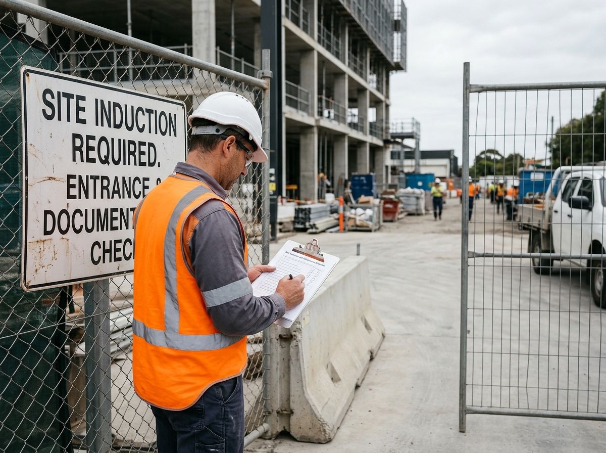 Site manager reviewing subcontractor qualifications at an Australian commercial construction site entrance