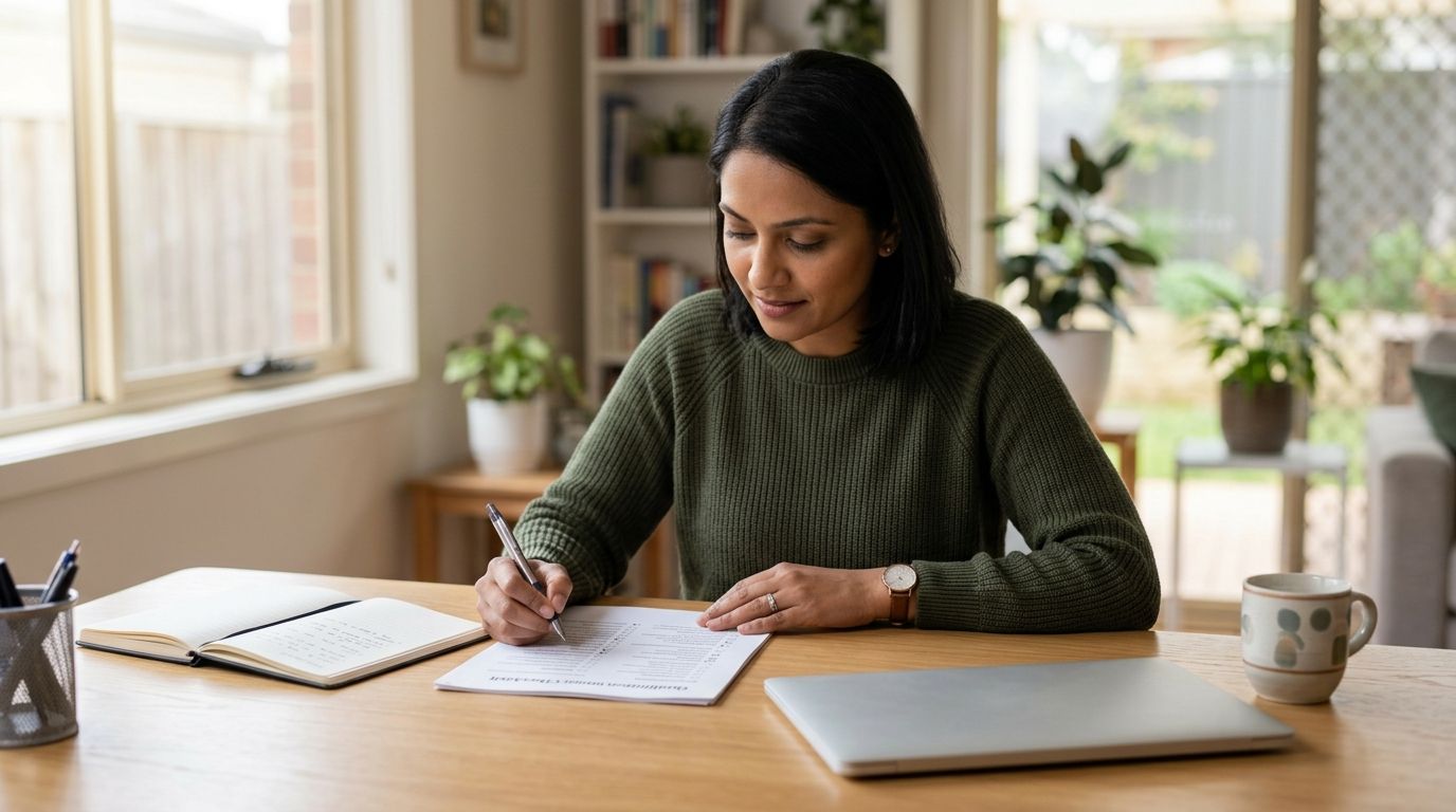 Overseas-trained nurse reviewing CHC43015 RPL eligibility requirements at home