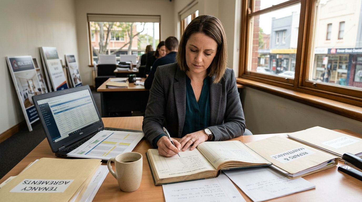Senior property manager reviewing trust account ledger at an Australian real estate agency office desk.