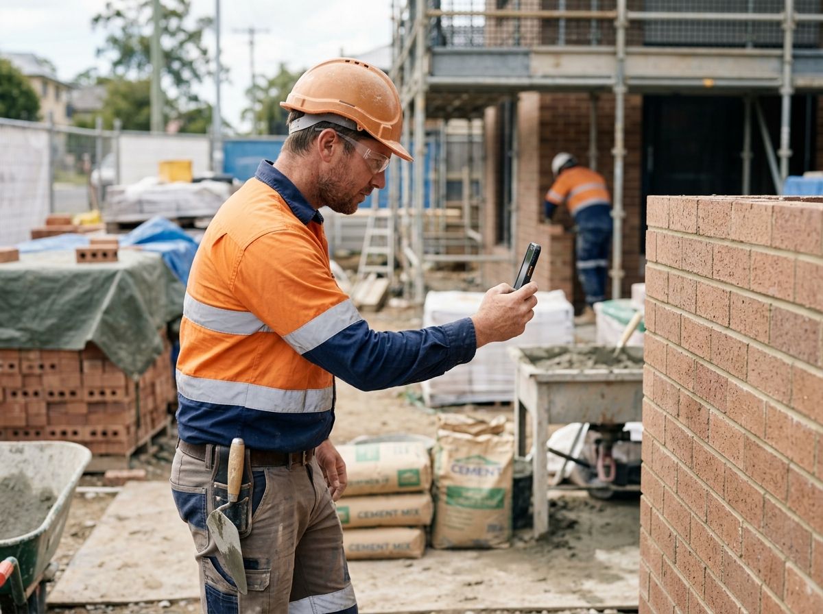 Bricklayer using a smartphone on an active site to photograph completed work for RPL evidence gathering