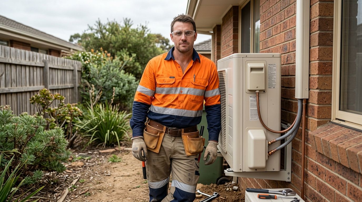 An experienced Australian tradesperson standing confidently next to an outdoor split system air conditioning unit.