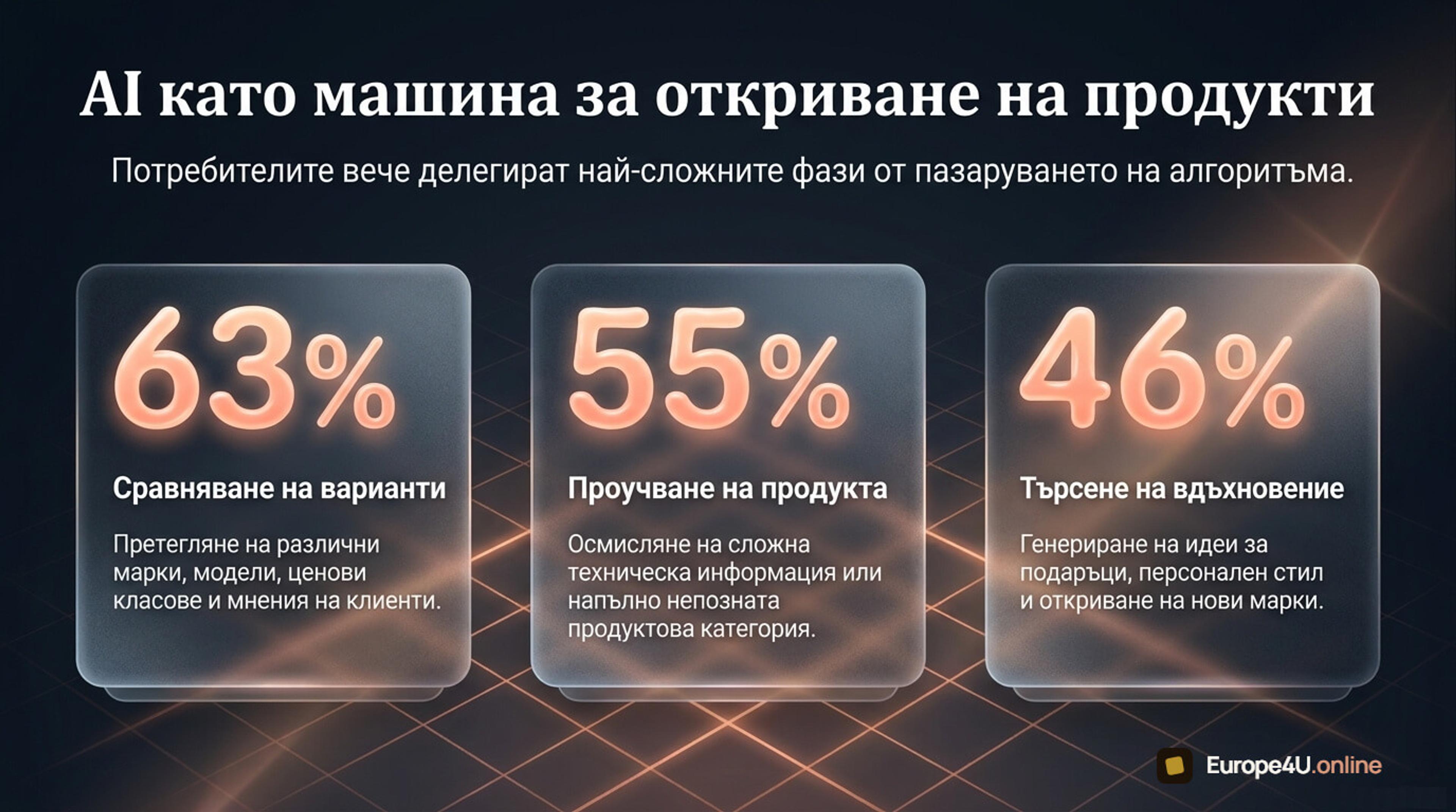 Инфографика с трите най-чести употреби на AI при пазаруване: сравнение 63%, проучване 55%, вдъхновение 46%