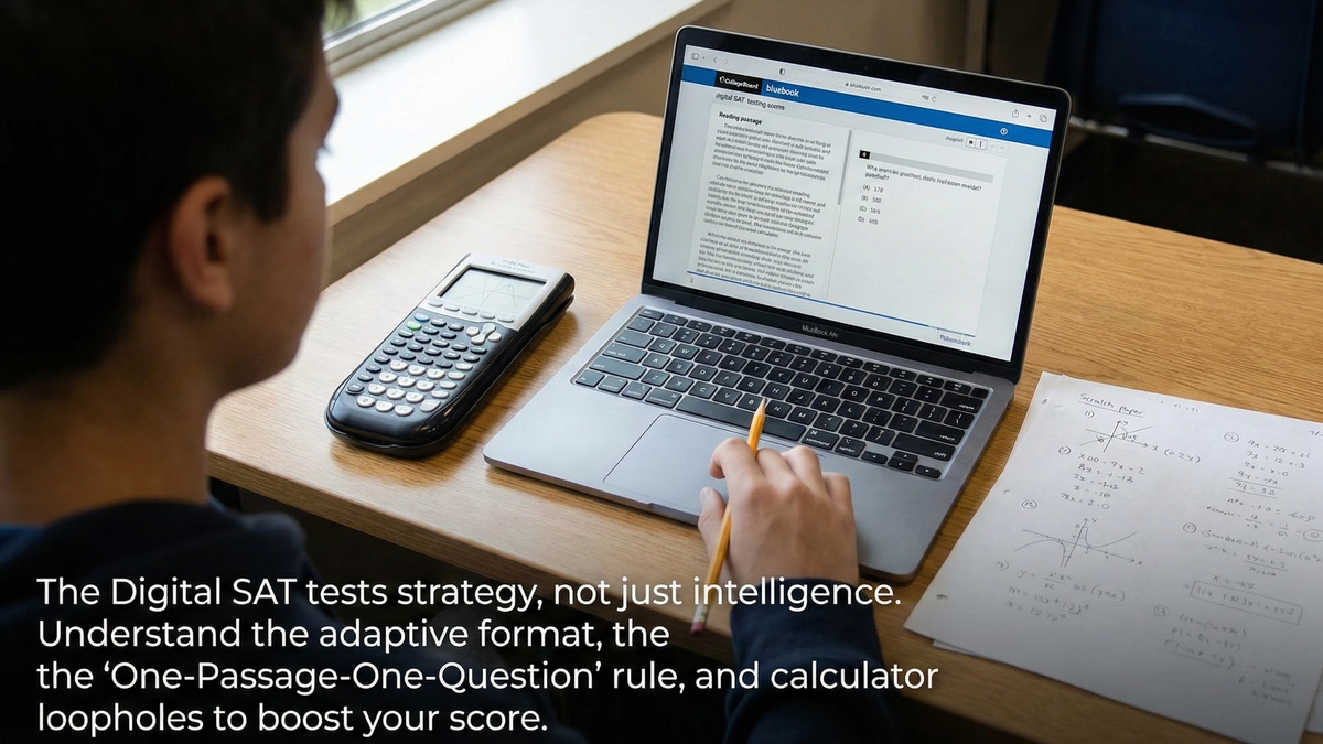 A student using the digital SAT testing interface with a graphing calculator and scratch paper.