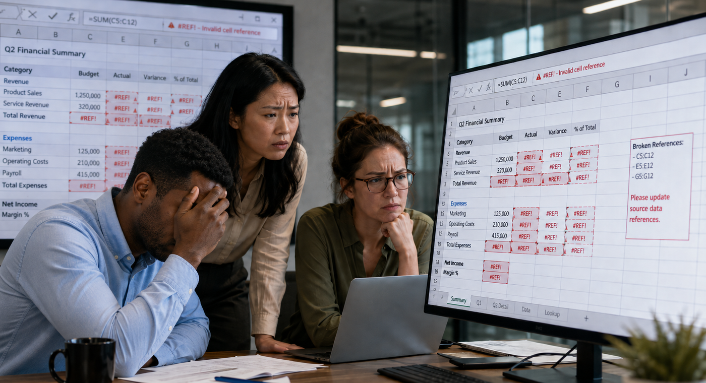 A frustrated office team reviewing a spreadsheet filled with #REF! errors and broken cell references.