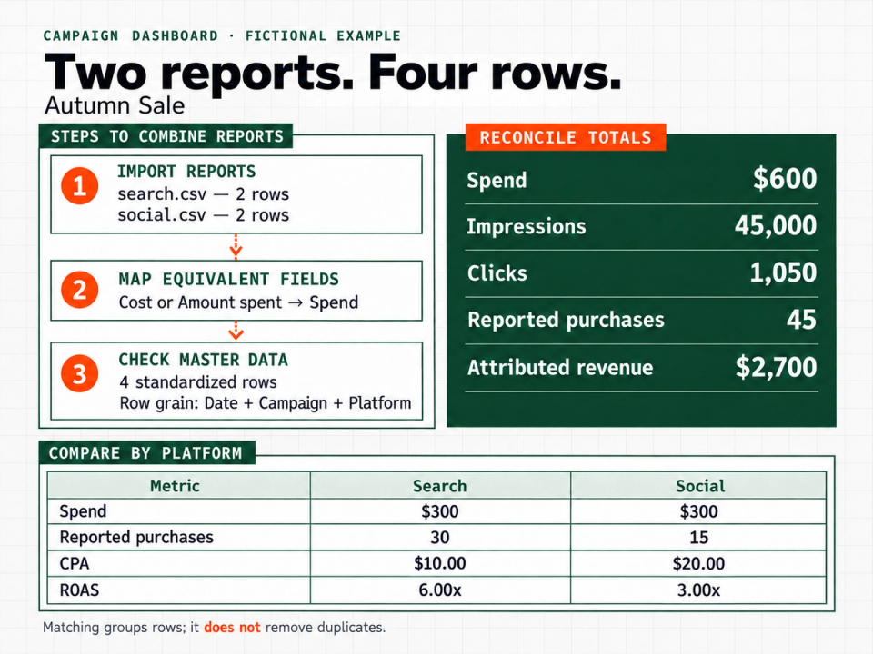 Two CSV reports mapped to four Master Data rows, with reconciliation totals and Search versus Social performance.