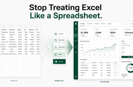 Illustration showing raw spreadsheet data being cleaned, structured, calculated, and transformed into a polished interactive business dashboard.