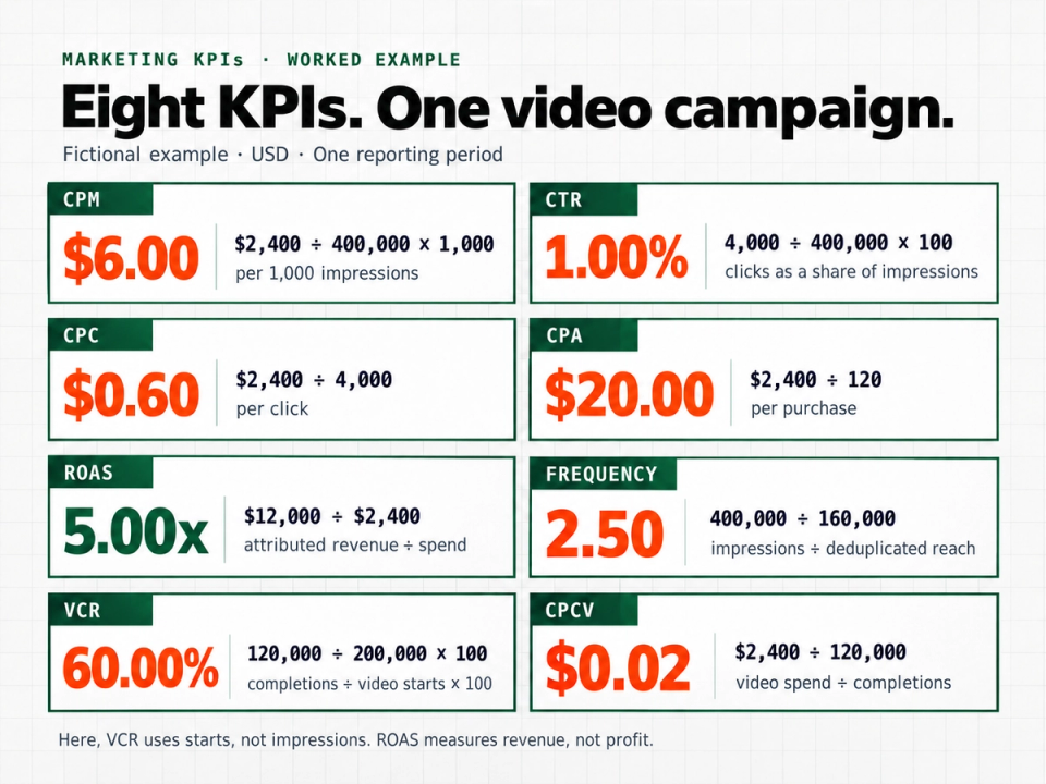 Eight KPI calculations for a fictional video campaign, including $6 CPM, 5.00x ROAS and starts-based 60% VCR.