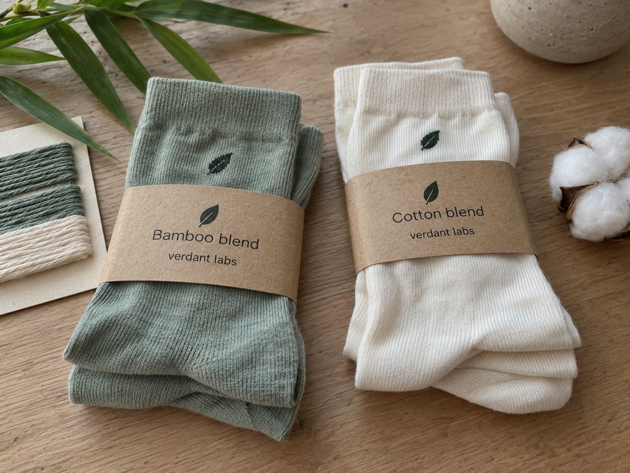 Sage green bamboo socks and cream cotton socks with kraft paper bands