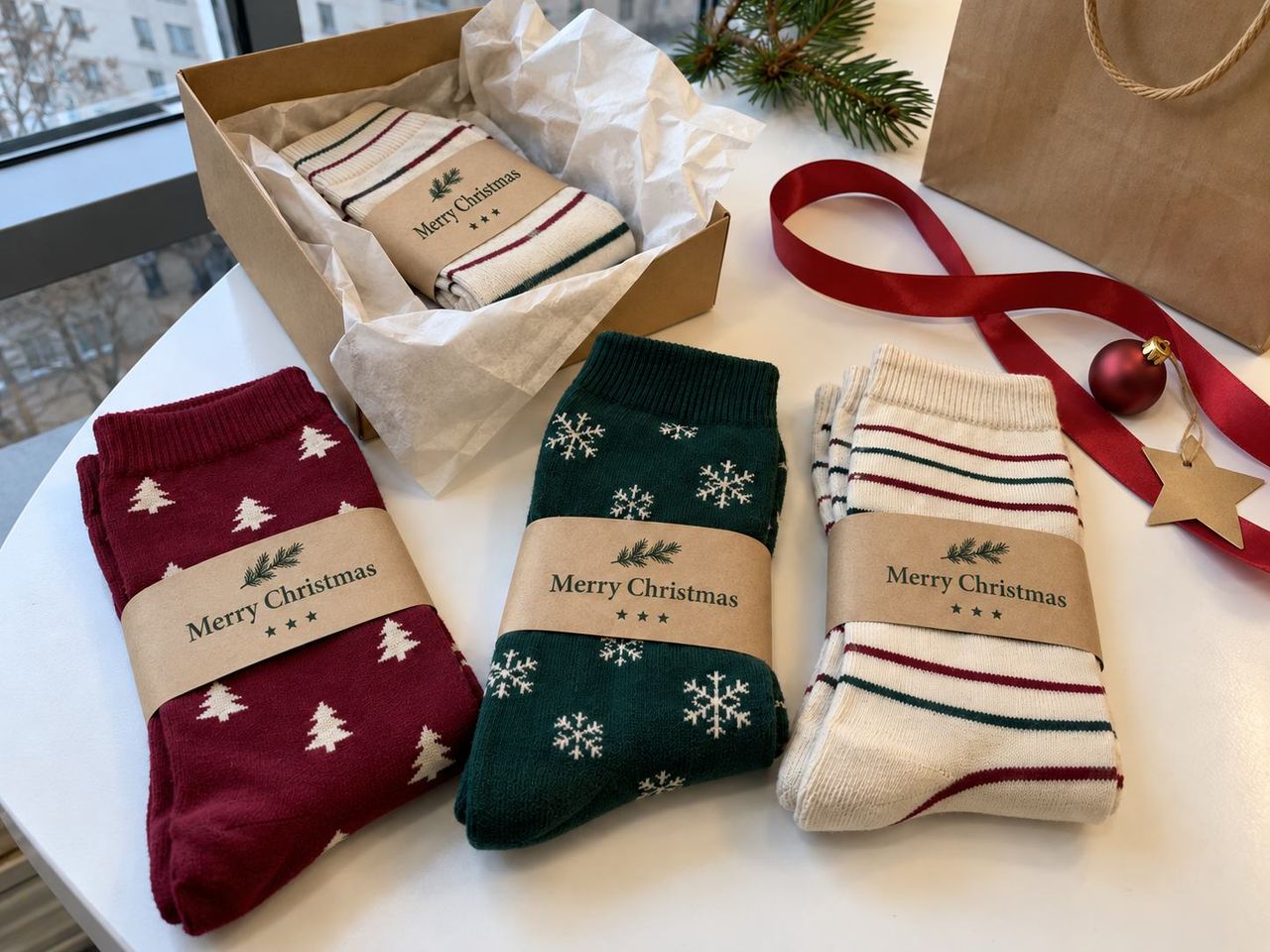 Custom Christmas socks with Merry Christmas paper bands beside a gift box and red ribbon