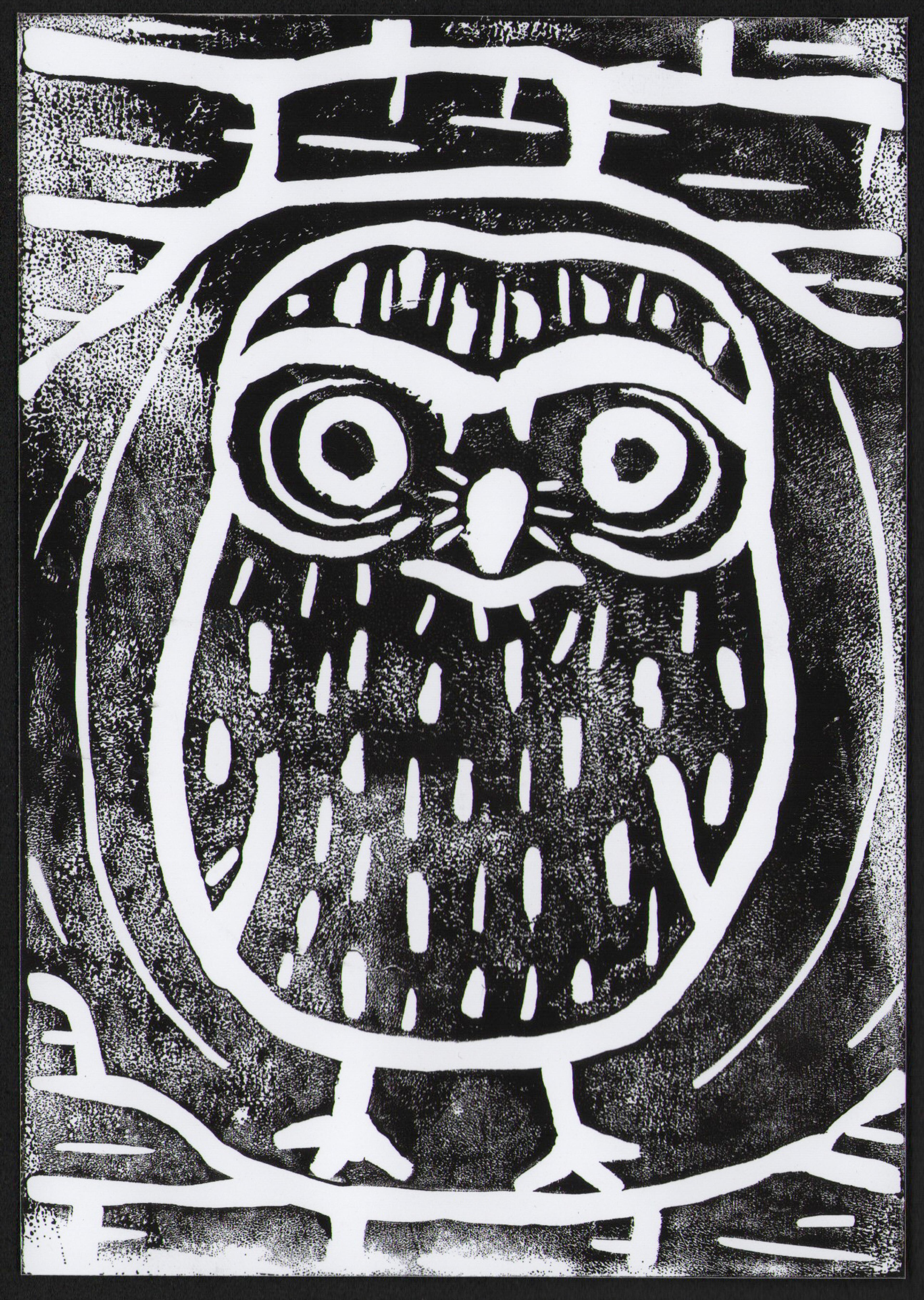 linocut of owl