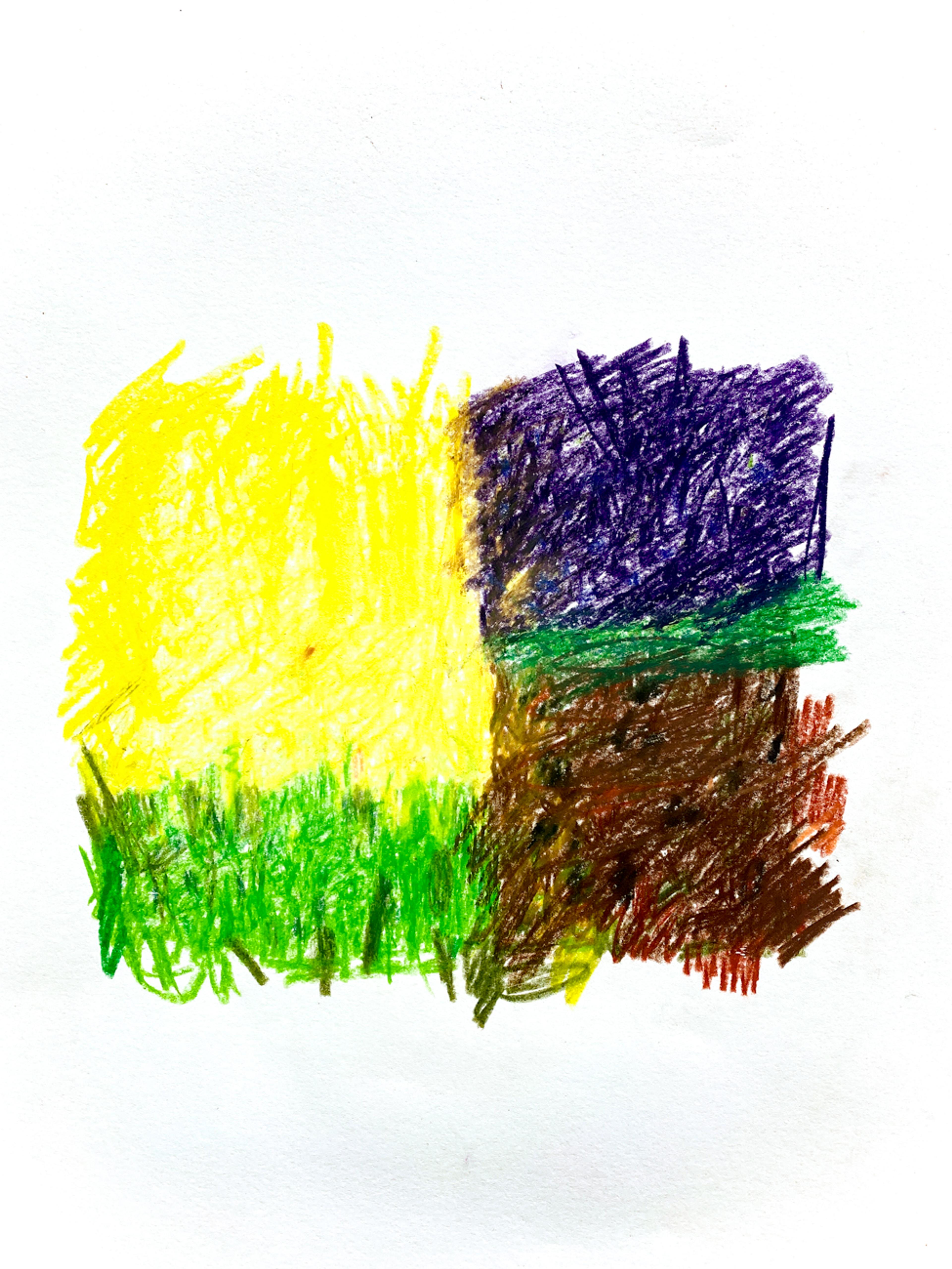 Blocks of colour fill the page, strong yellow, purple and green. It reassembles fields.