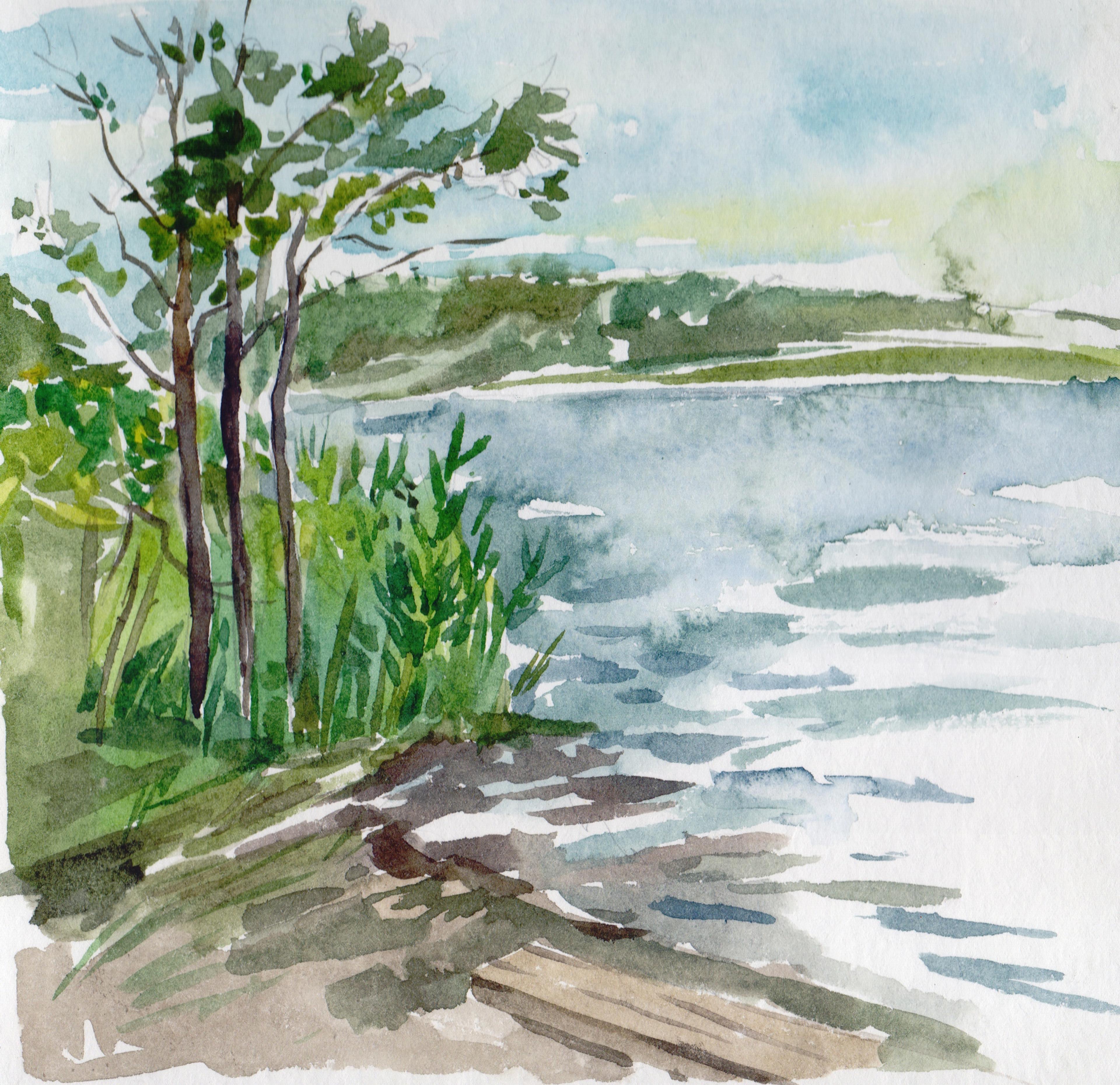 Watercolour painting of a lake and greenery