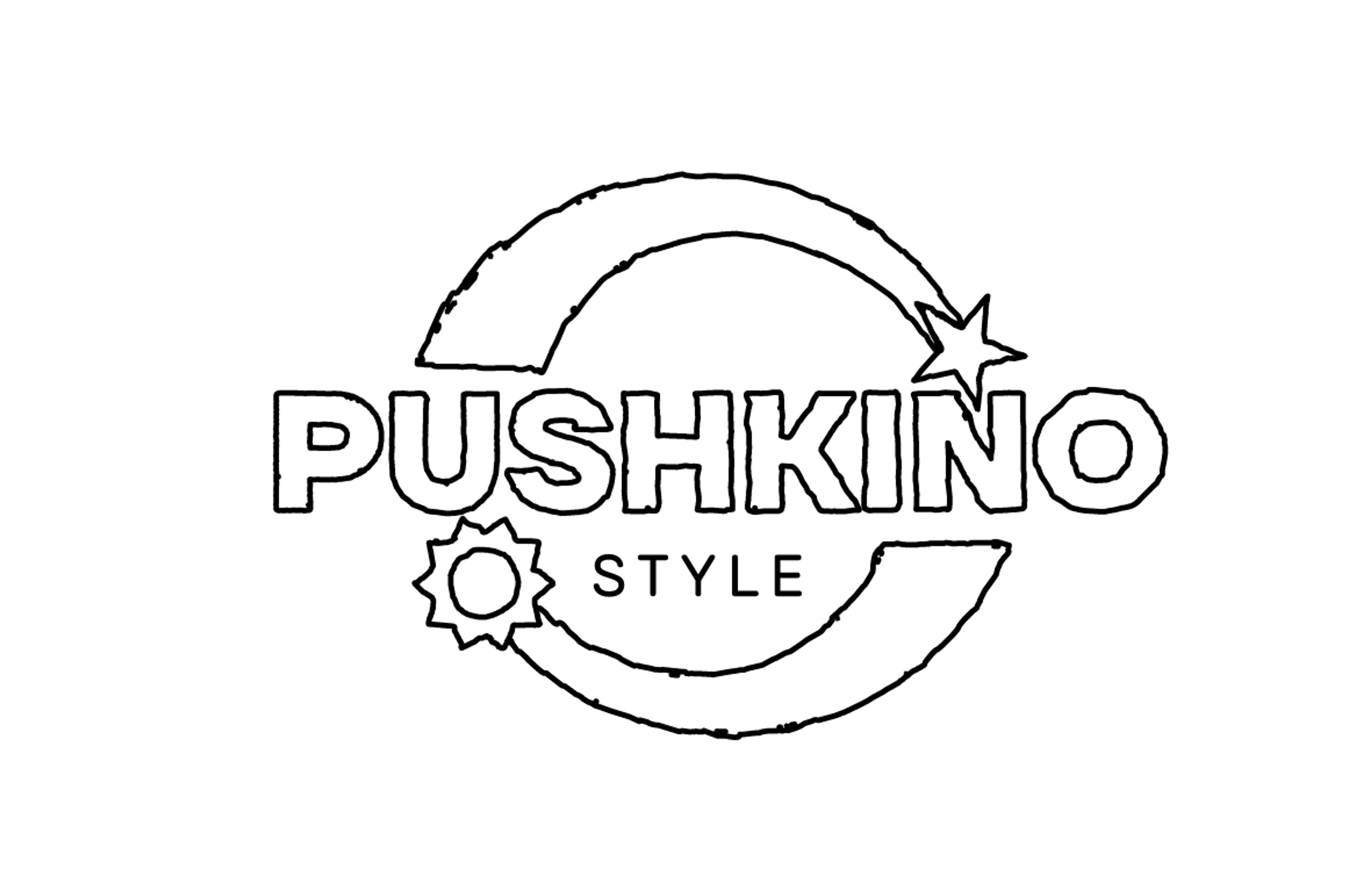 A line drawing of the Pushkino Style logo. Pushkino os written in large letters in the centre, and Style is written below. Two half circles with starts at the end - looking a bit like meteors - frame the words.
