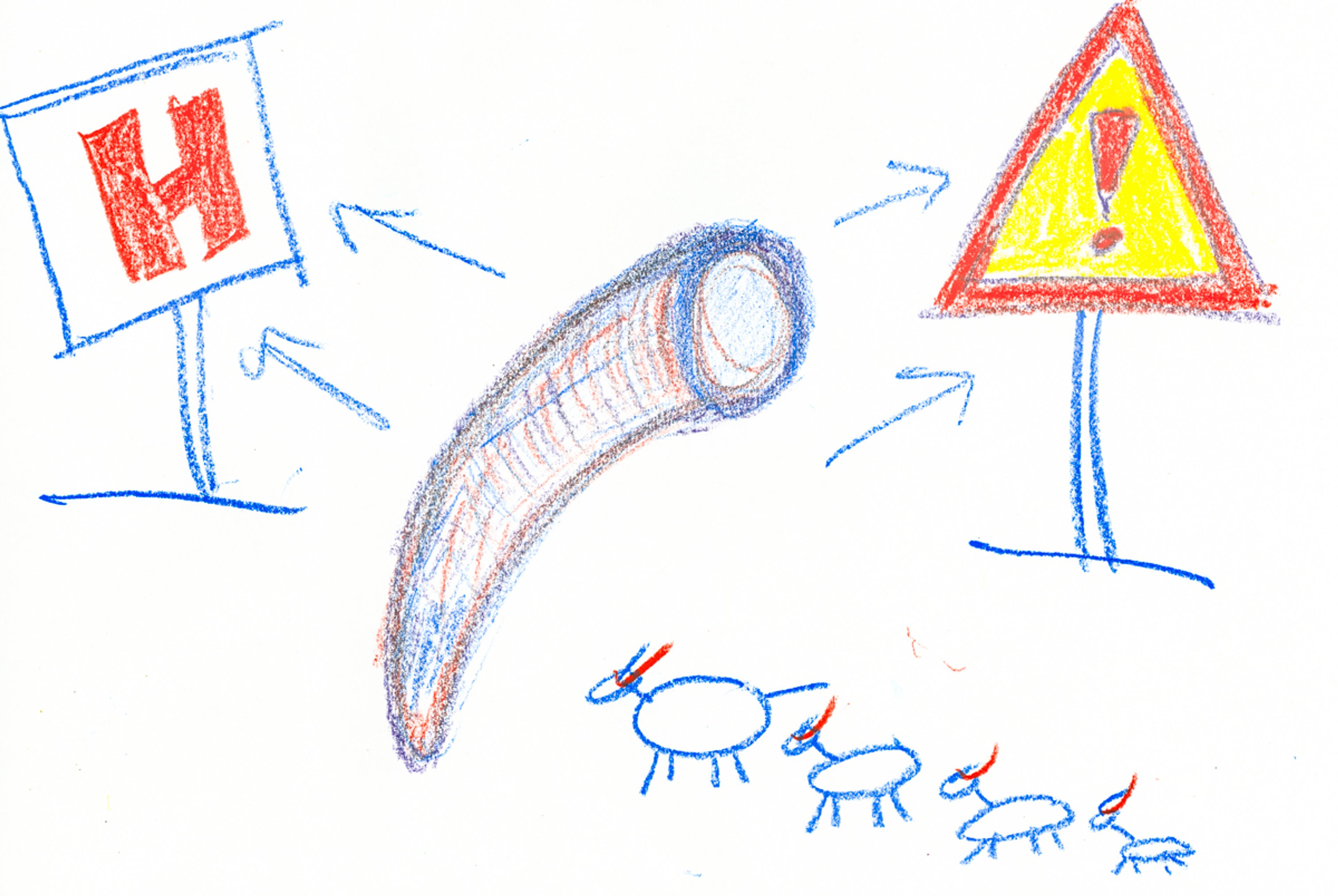colour pencil drawing of cow's horn, smaller cows and warning signs. 