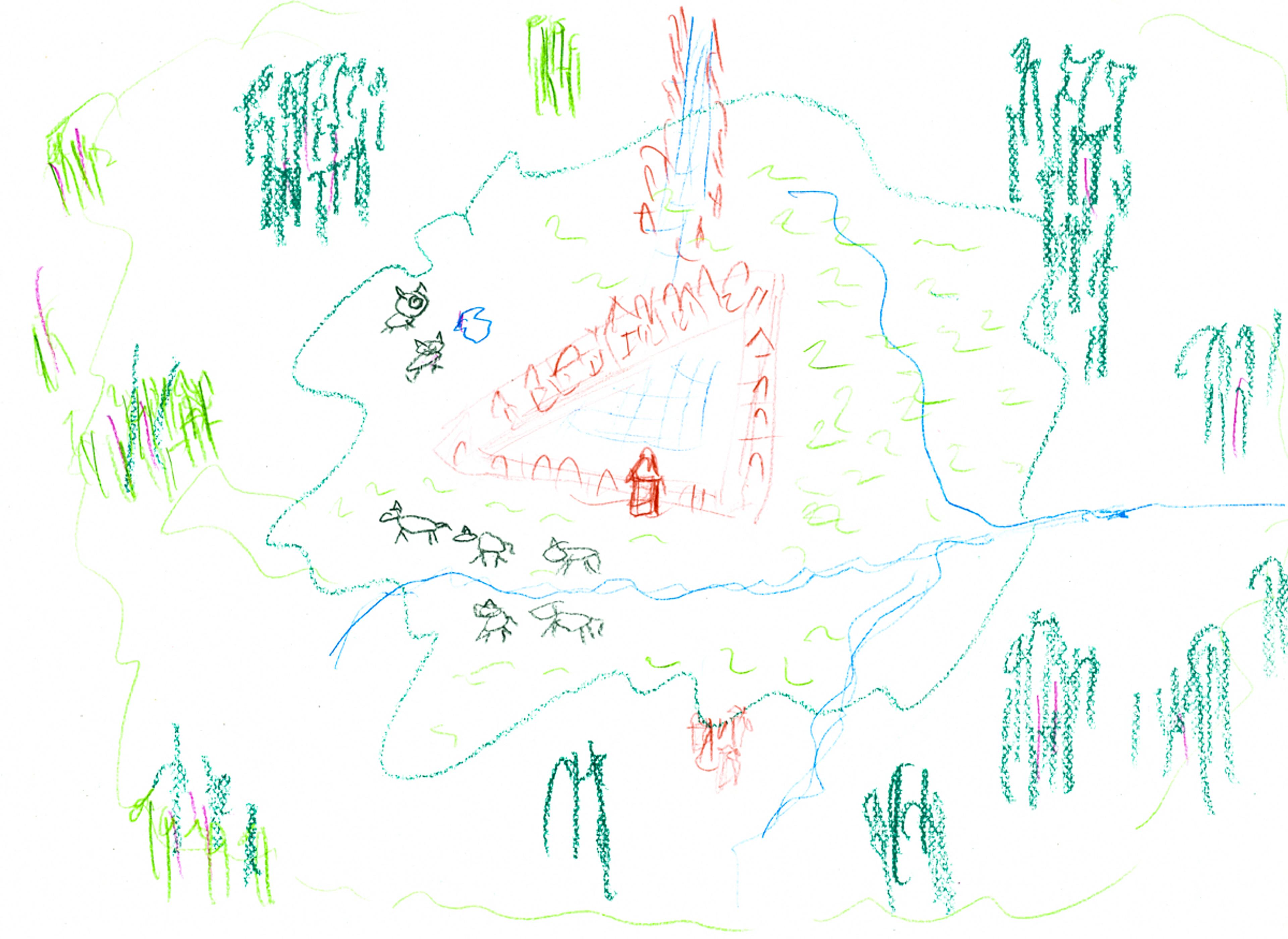 colour pencil drawing of cow farm