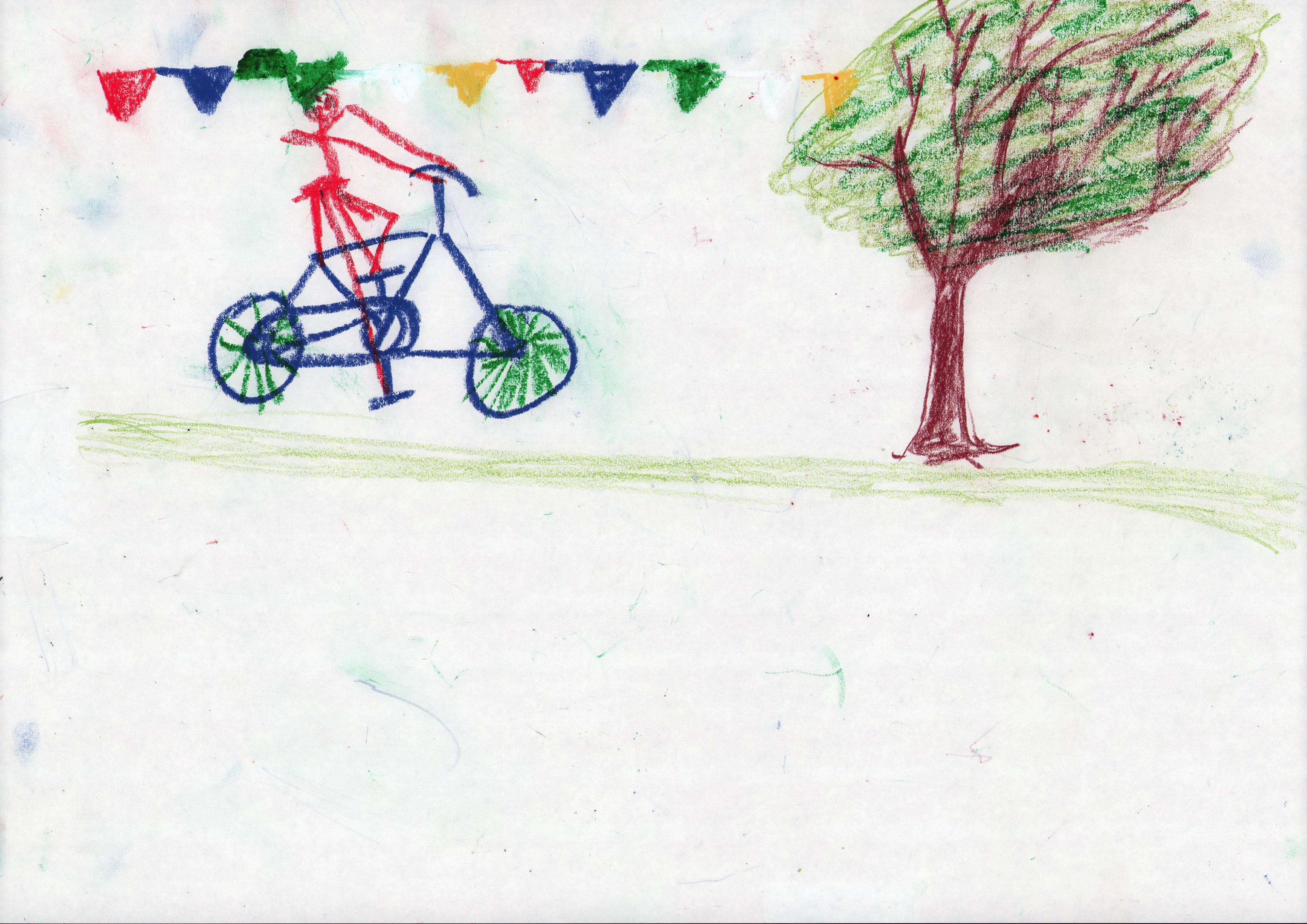 kid's color pencil drawing of someone on a bicycle and a tree