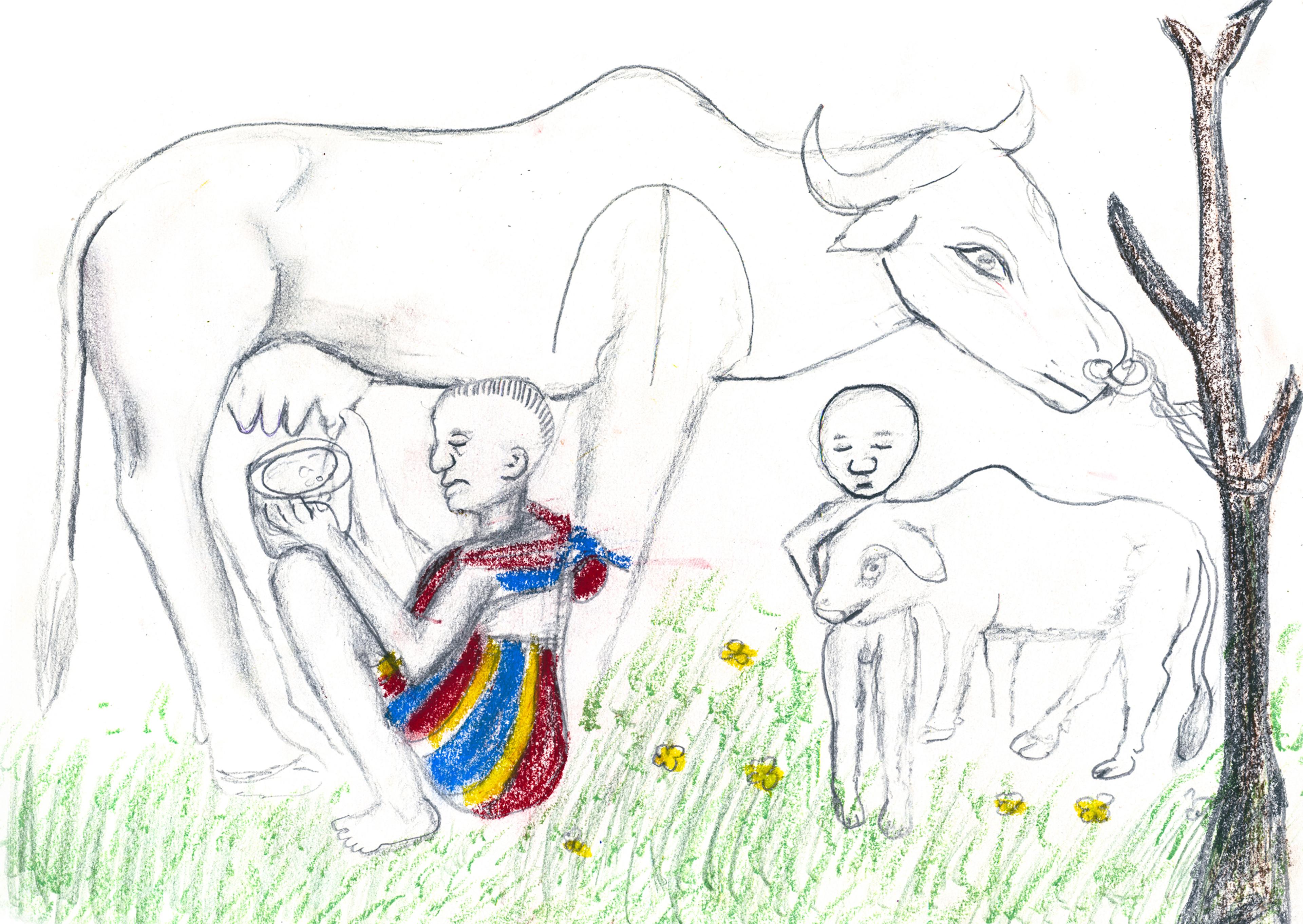 pencil drawing of a woman milking a cow and a child holding away a baby cow