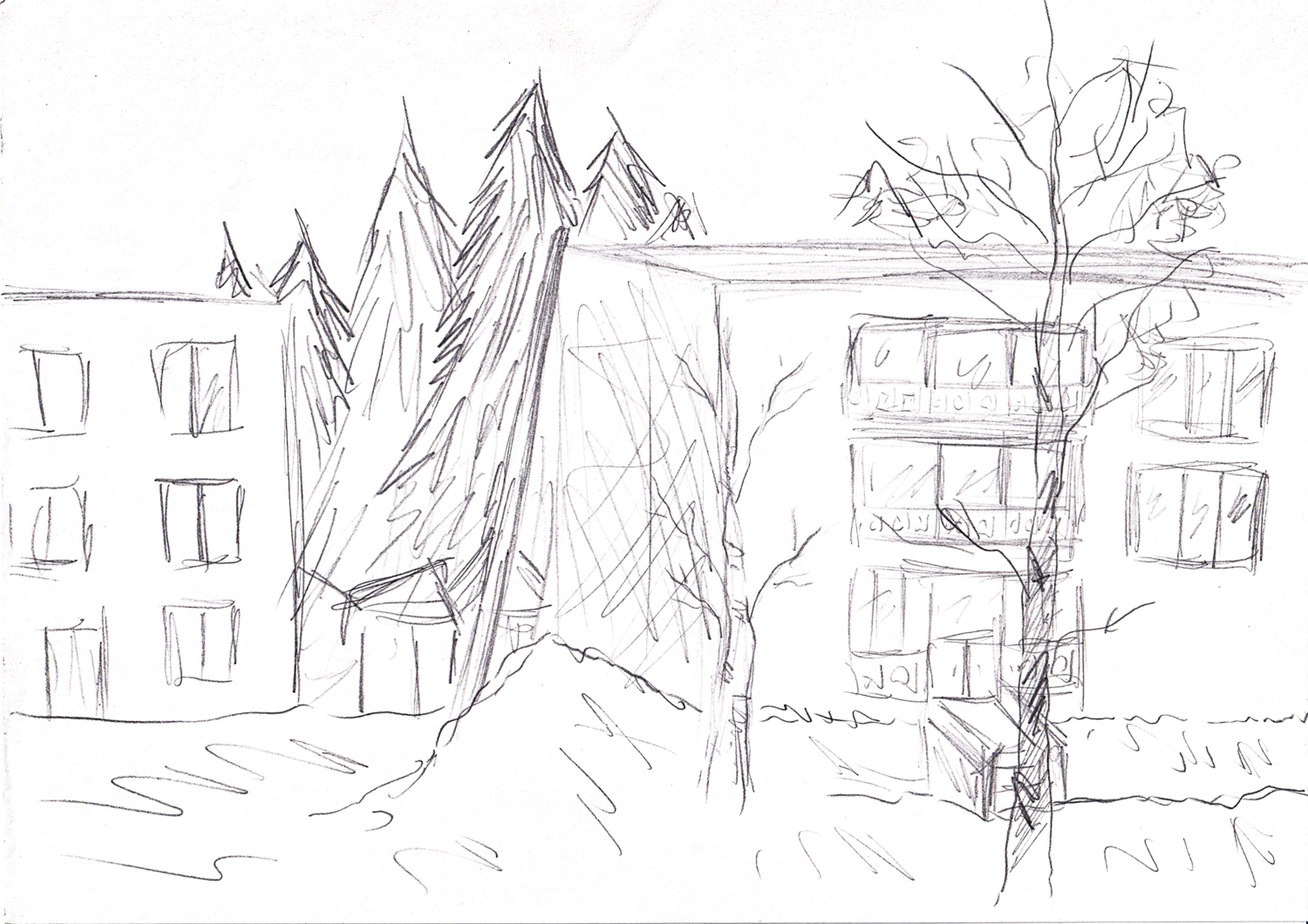 pencil drawing of apartment buildings and trees around them