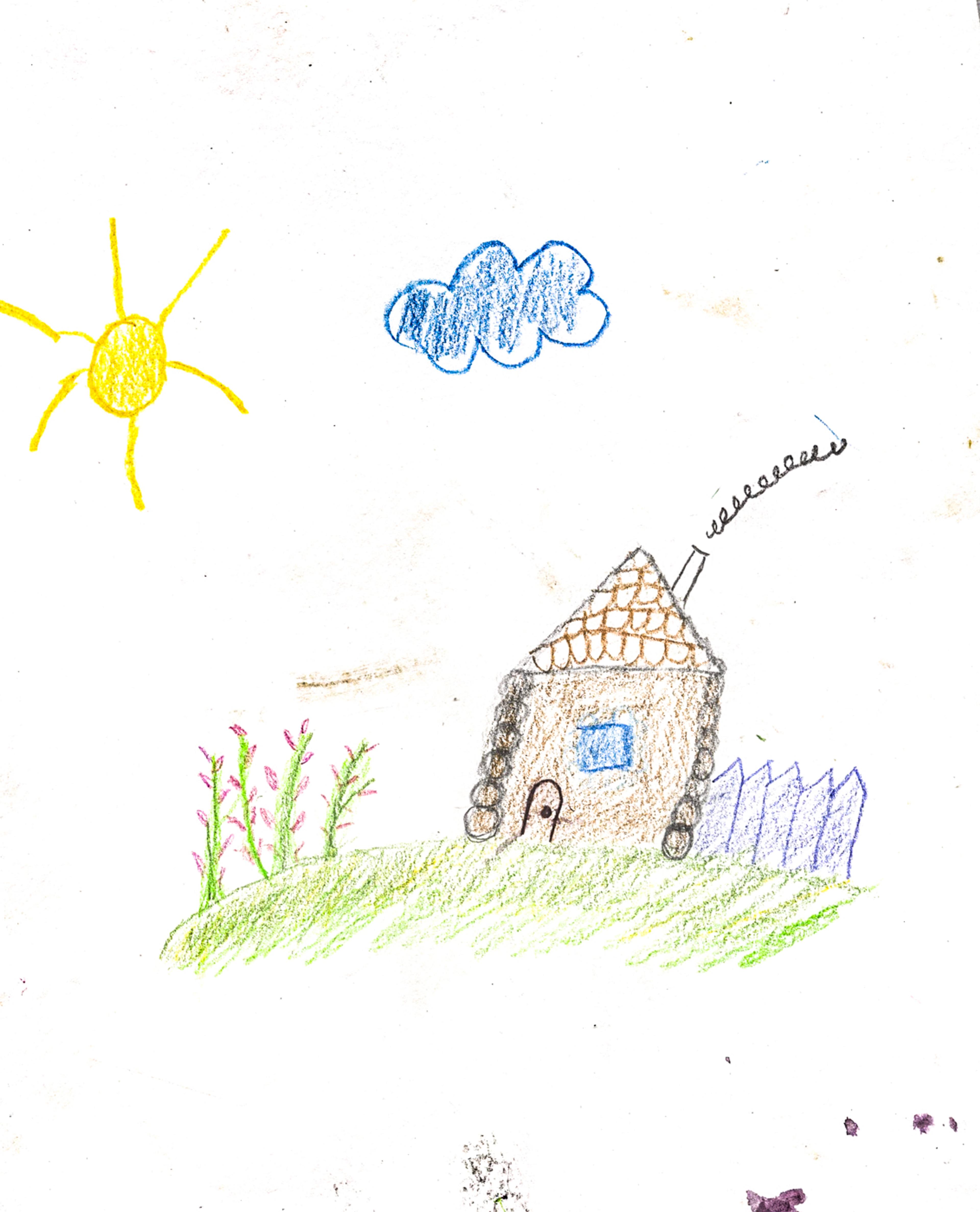 childish colour pencil drawing of a home, sun, cloud, fence and flowers