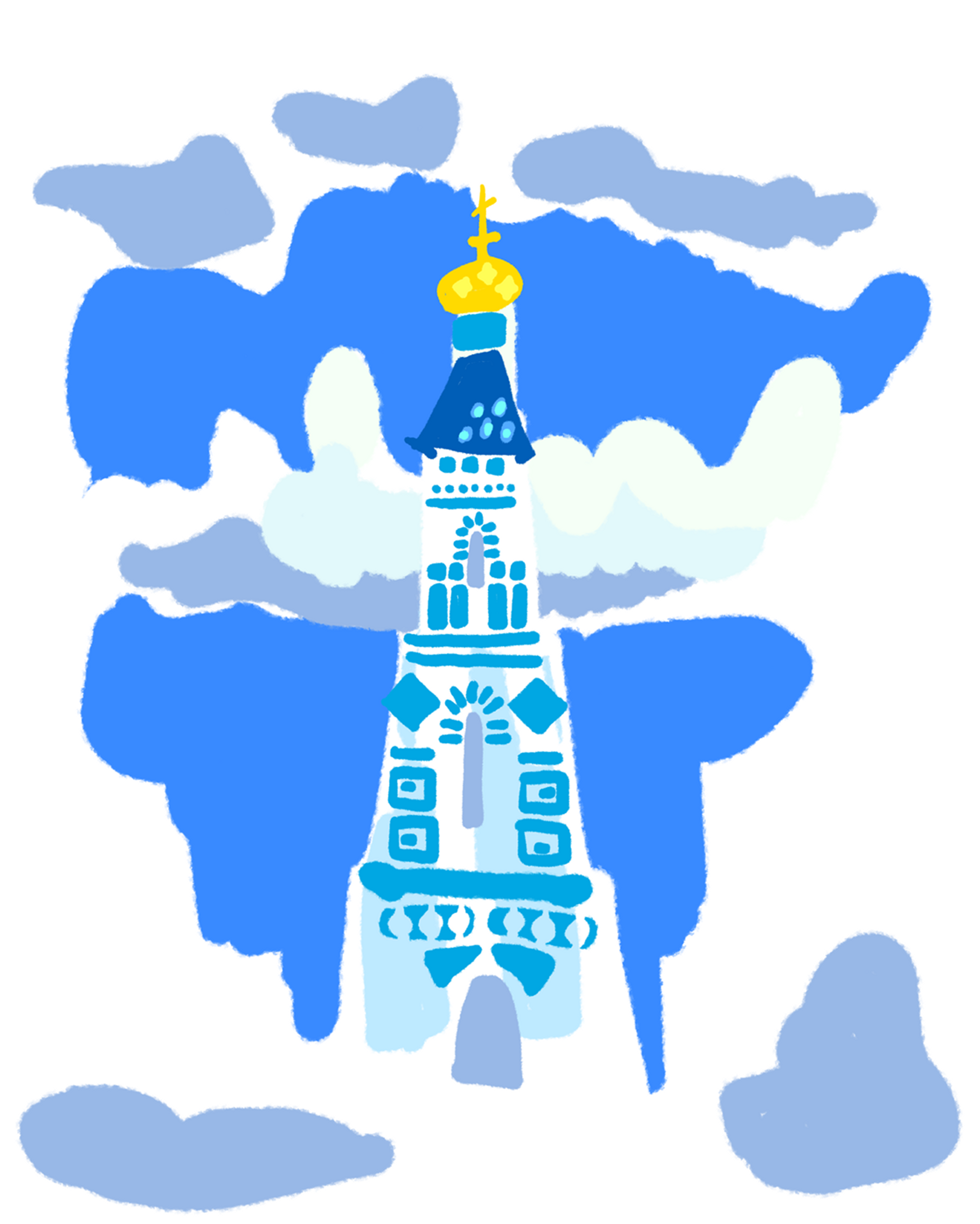Digital drawing of blue orthodox church tower and clouds around it