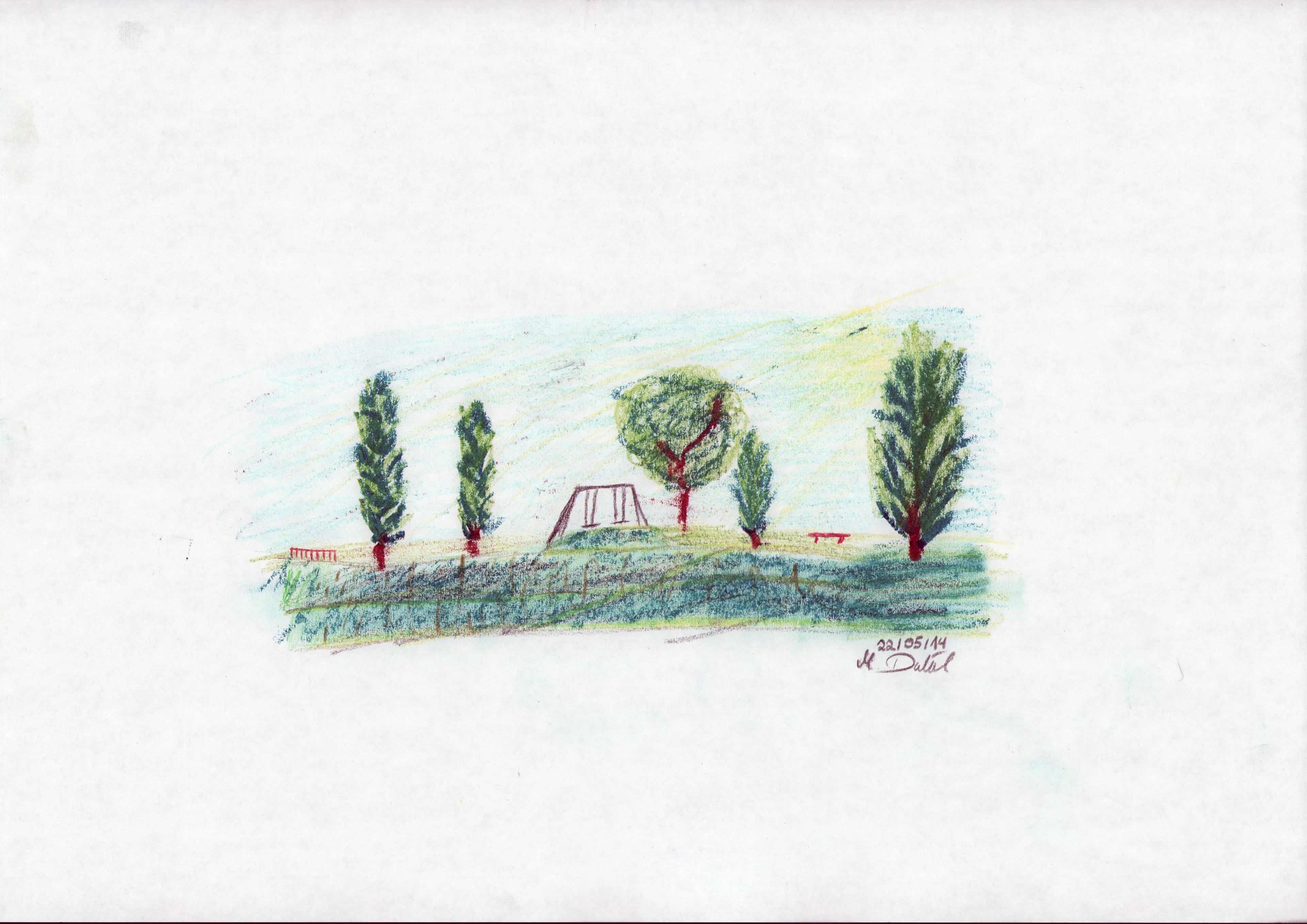 color pencil drawing of a park with trees, benches and kid's playground