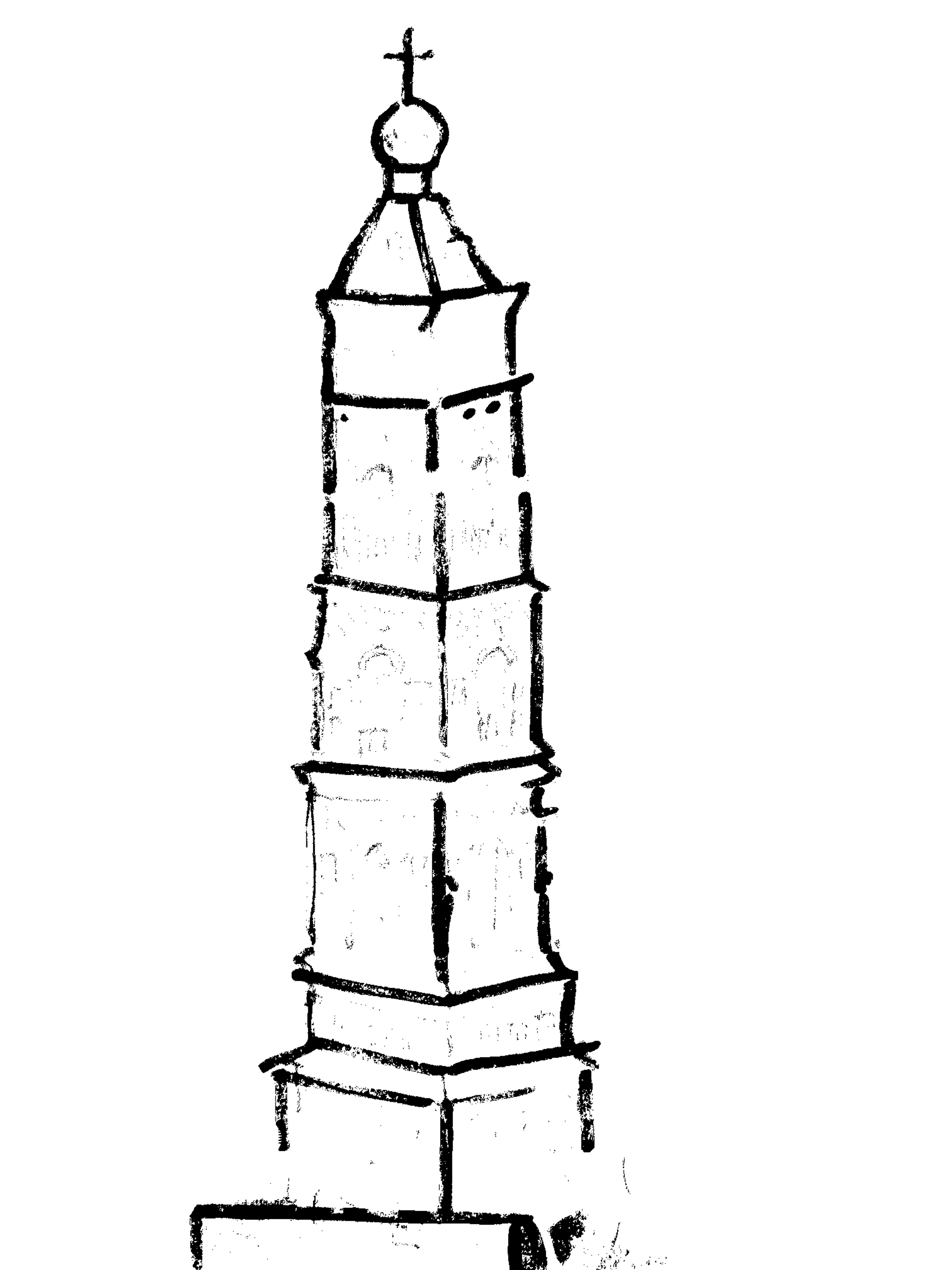 A line drawing of a church tower.