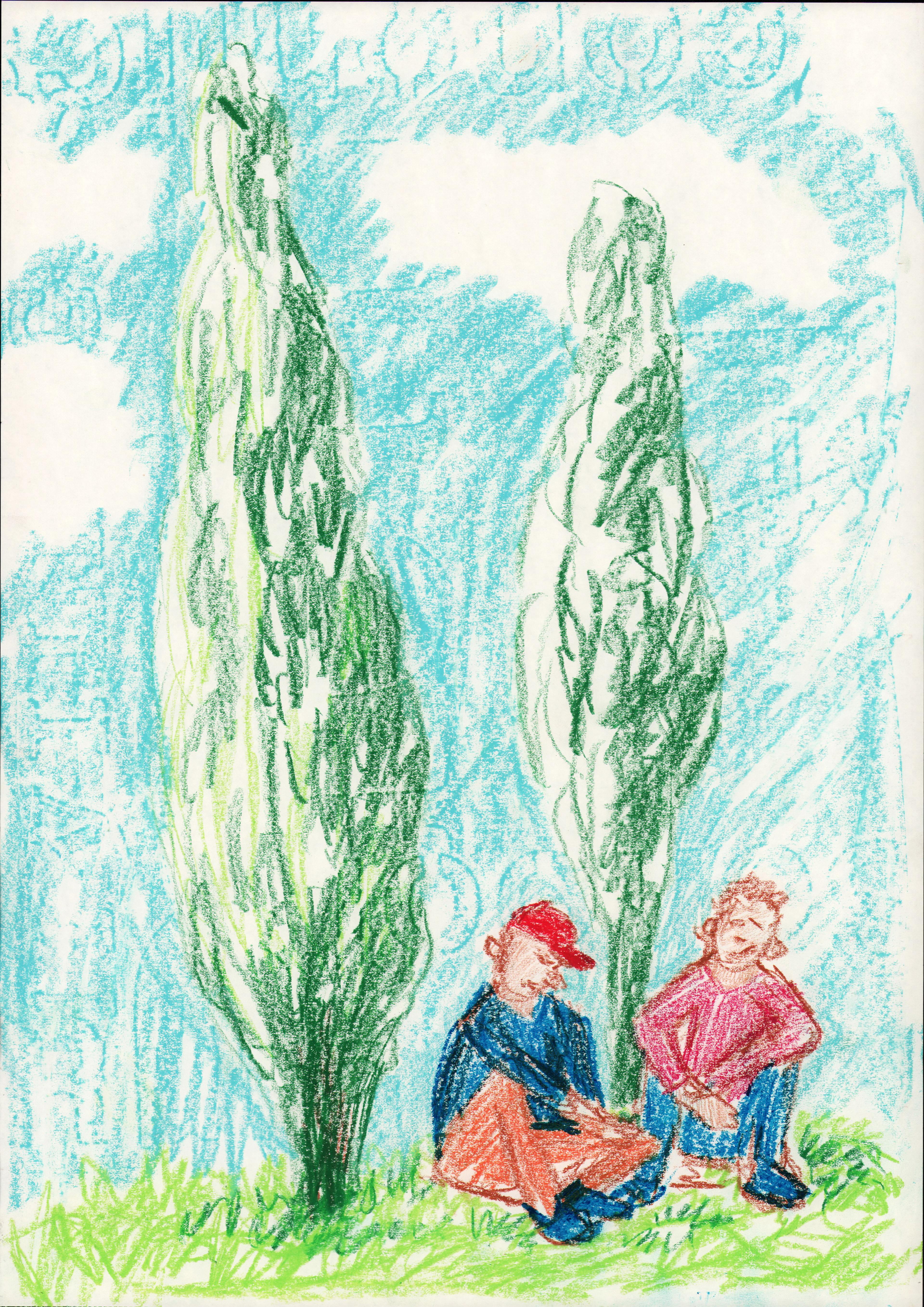 Color pencil Portrait of two men sitting on the ground under two trees