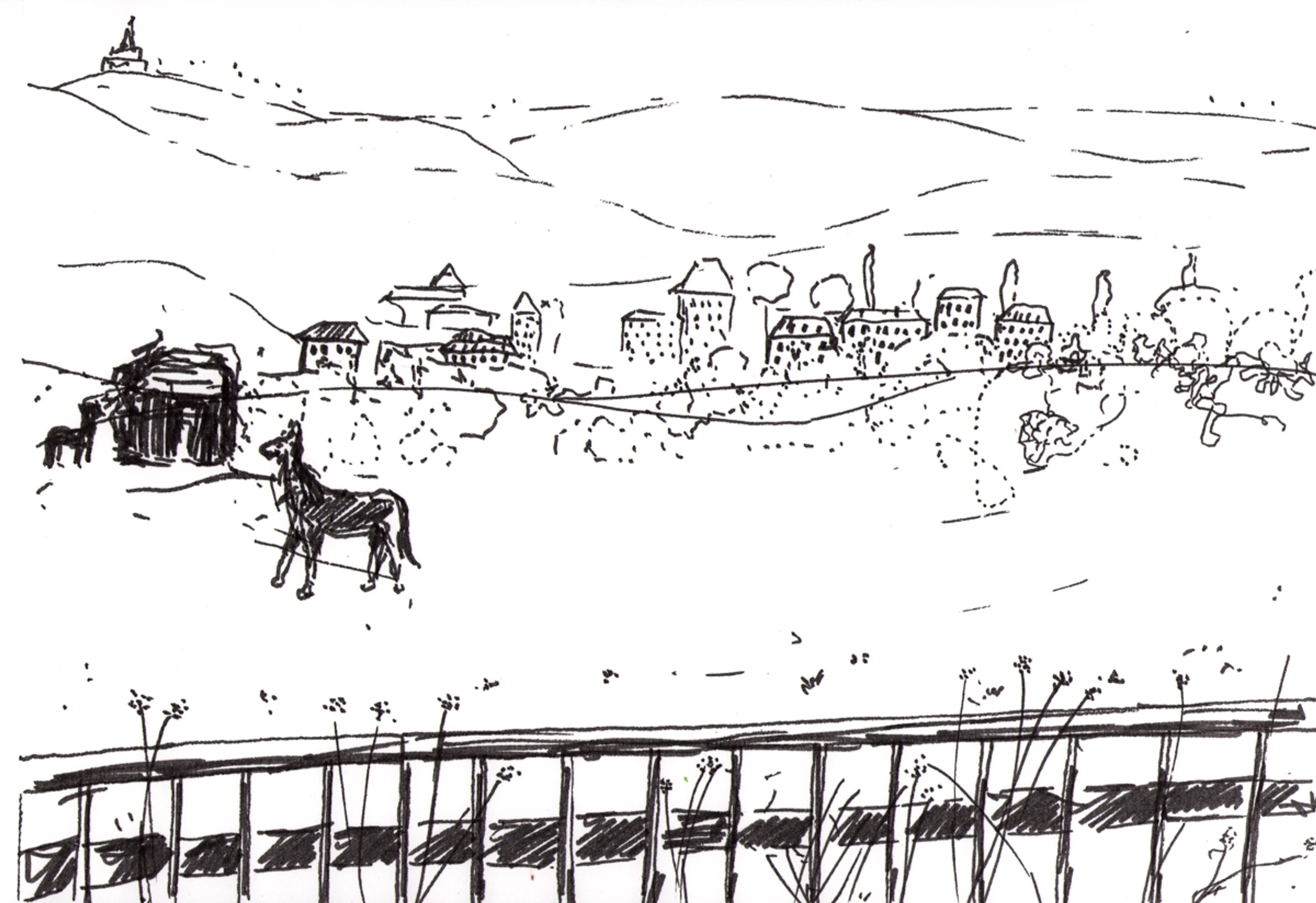black and white sketch of a field with horses and city in the background