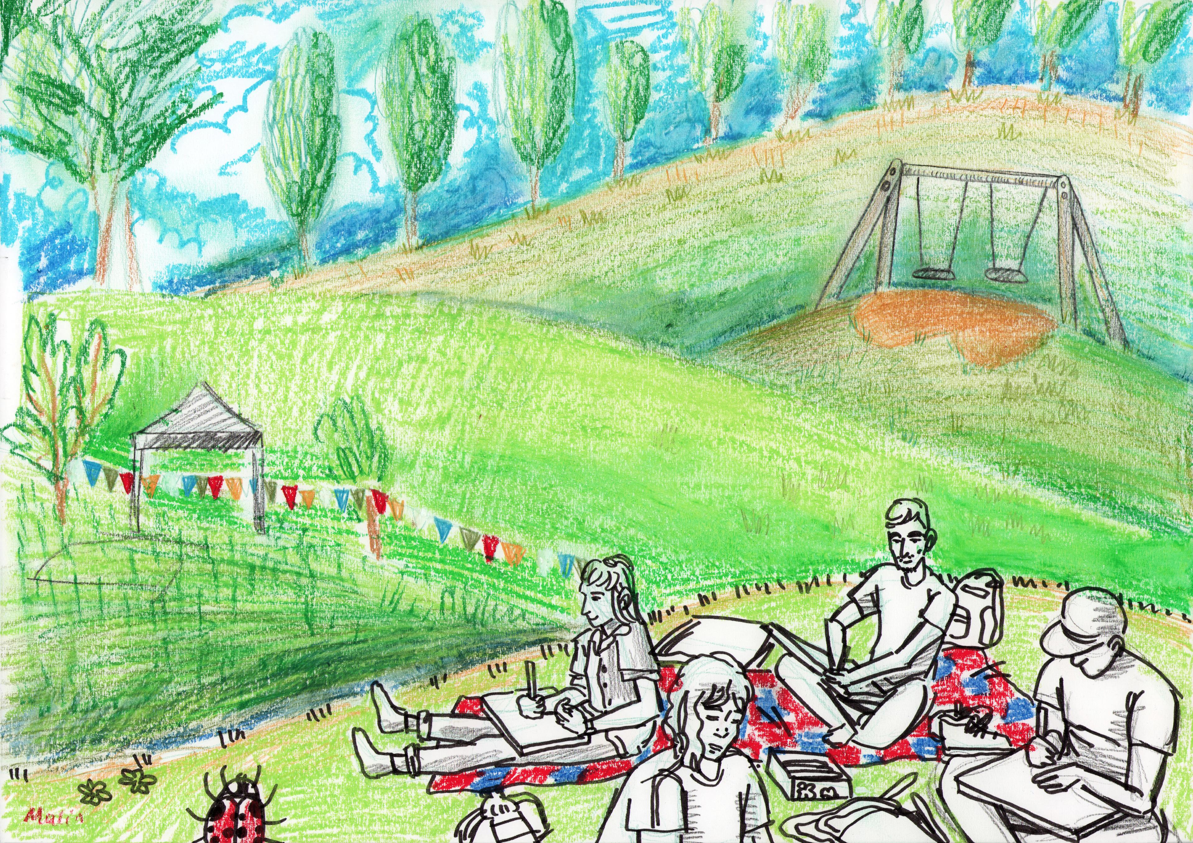 A round sticker saying "made by many" in magenta letters on beige.