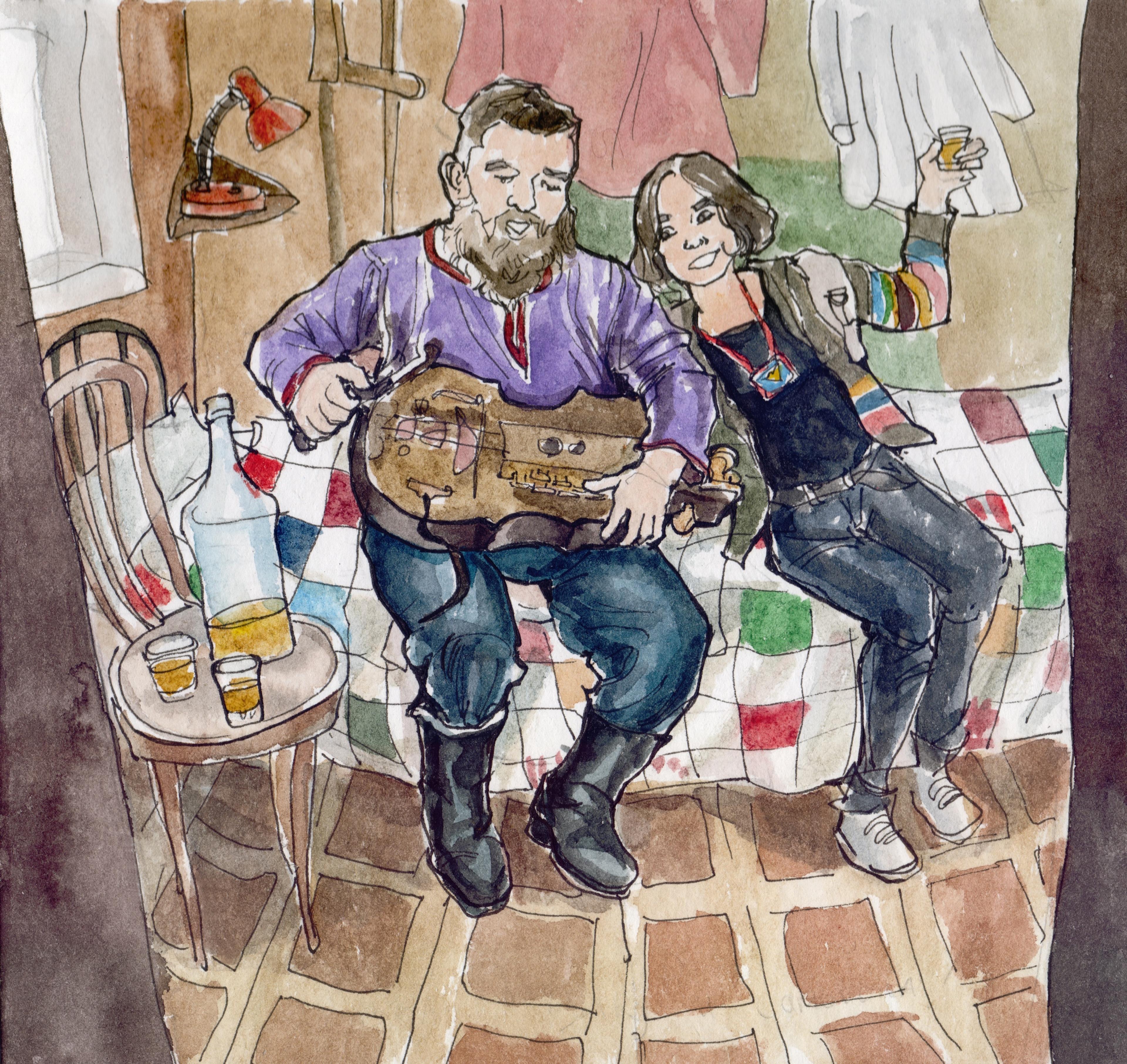 Watercolour painting of a girl and a man playing an instrument singing and drinking
