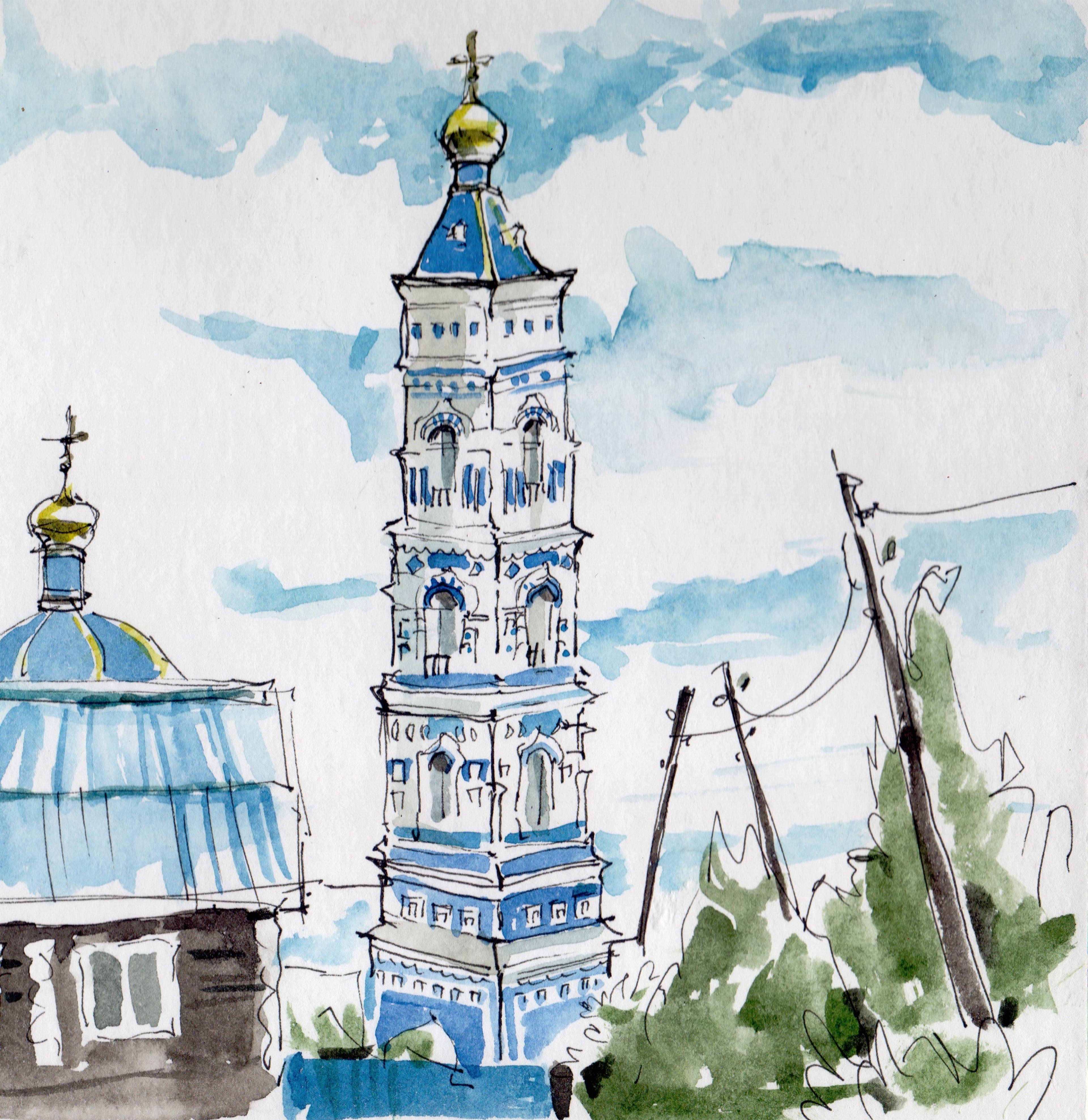 Watercolour painting of the blue church tower, clouds, near by bushes electricity wires 