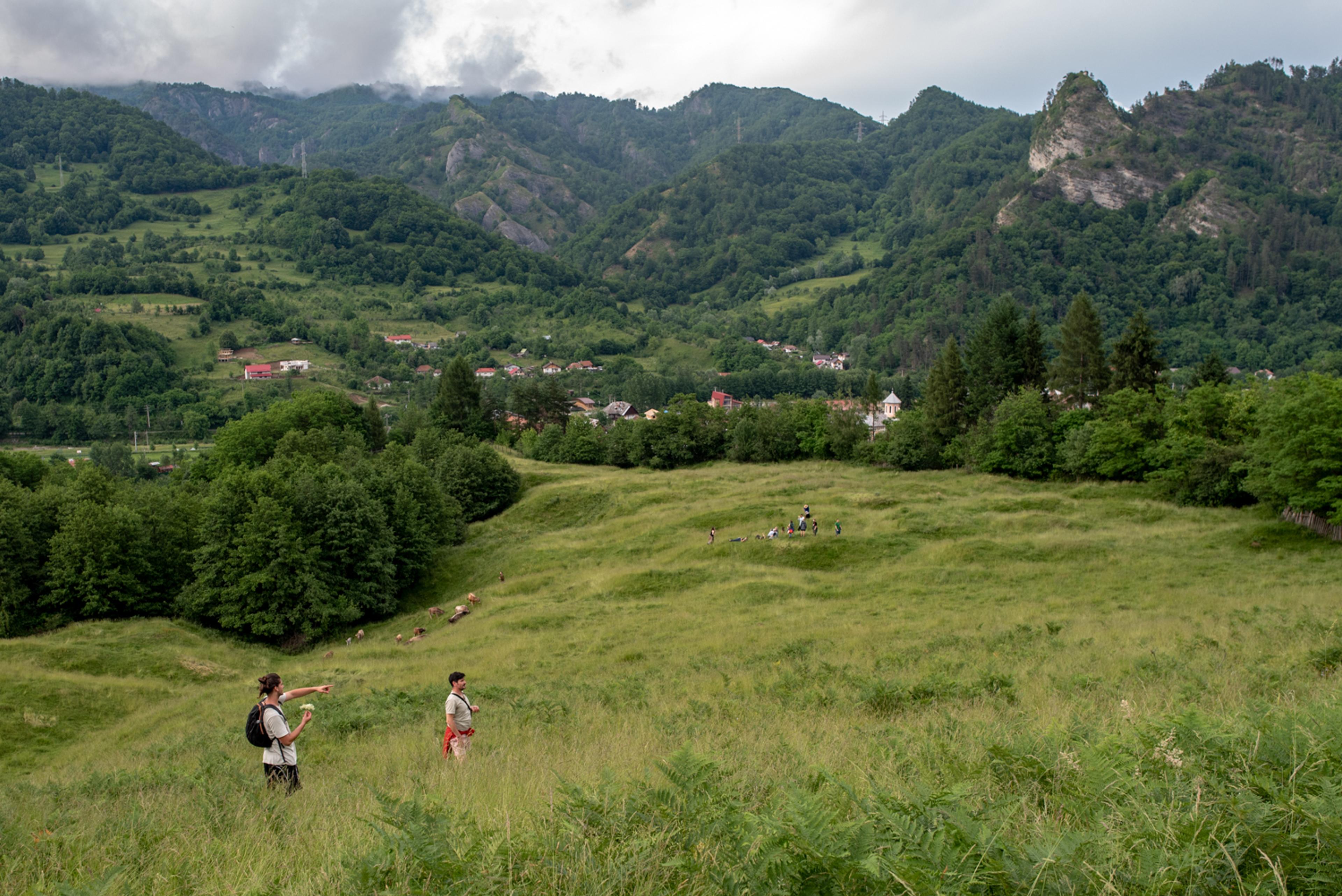 people hiking in fields and mountains