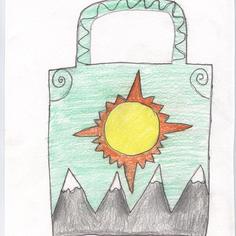 Tote bag design with sun and mountains