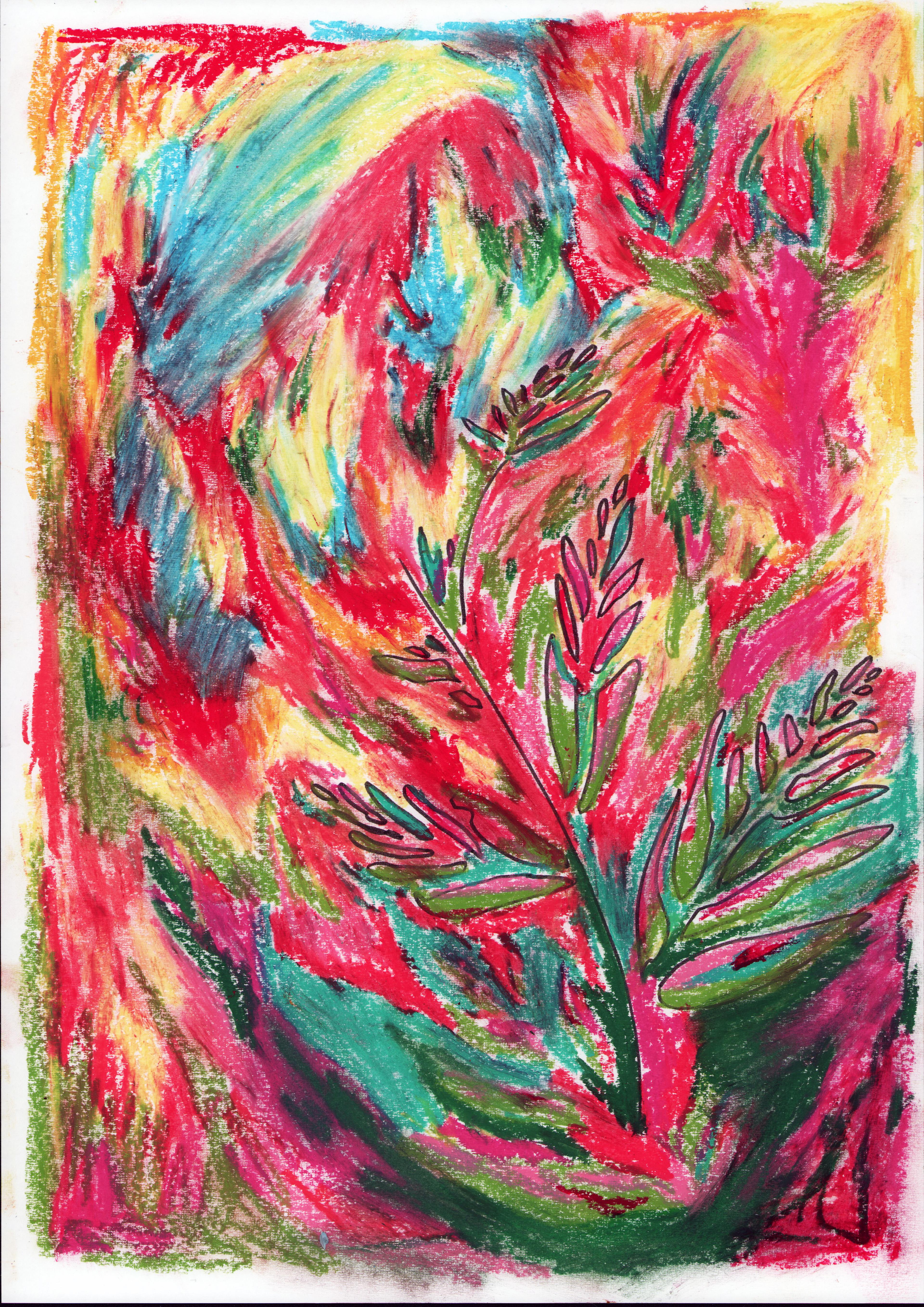 Very colorful drawing of a plants, lots of red