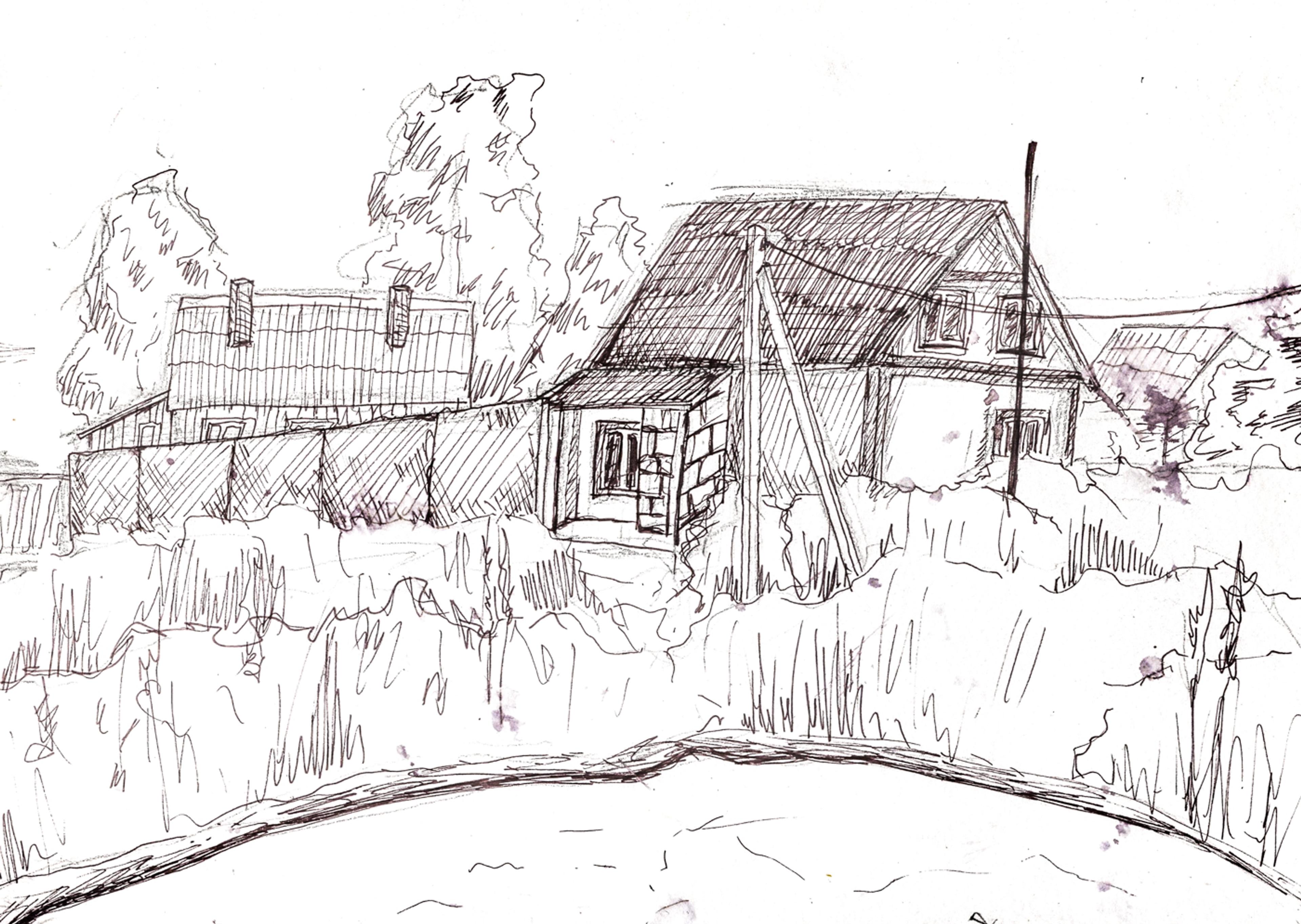 black and white pen drawing of the house and scenery near the pond. 