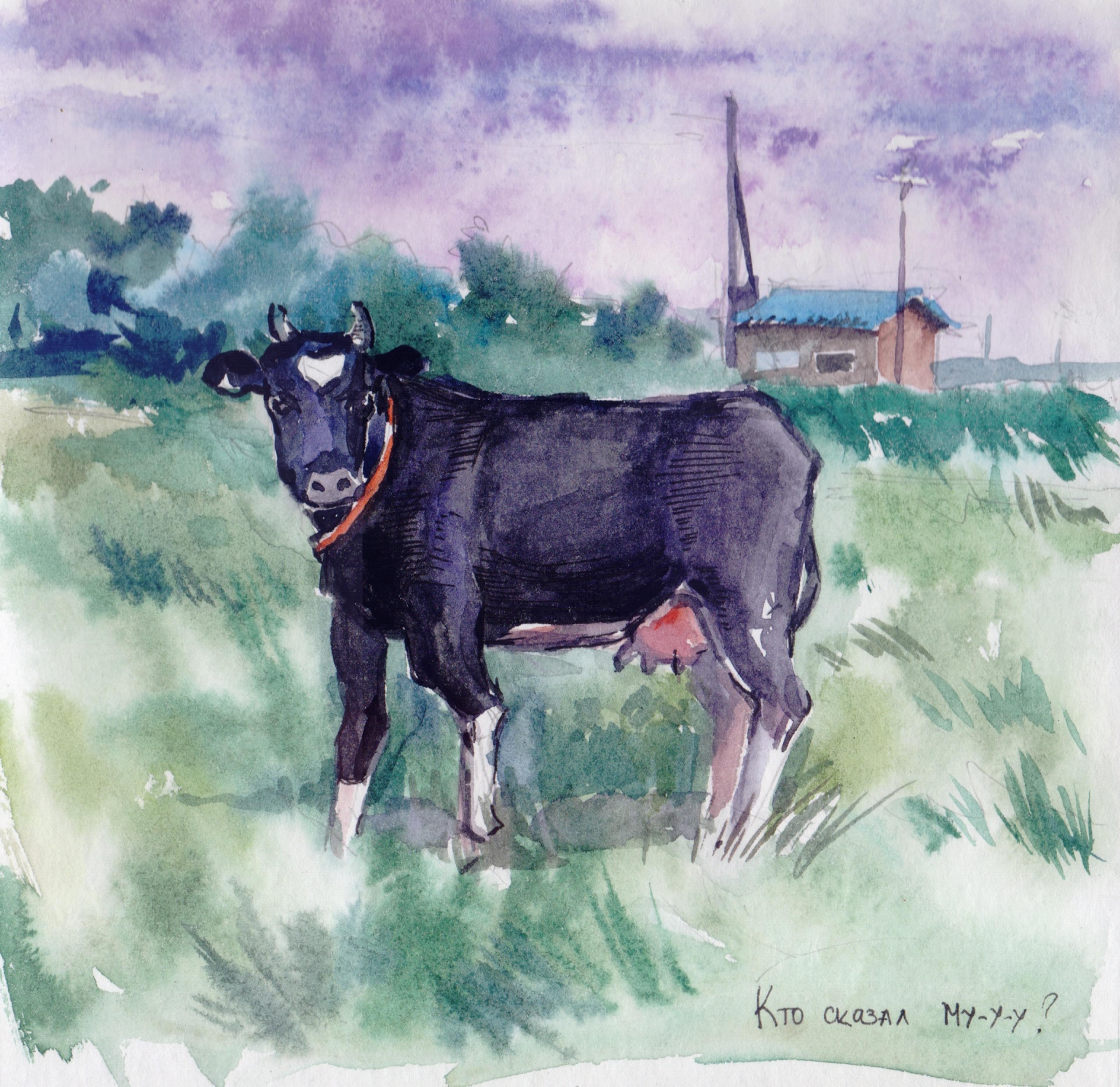 Watercolour painting of a cow in a grass field, house in background. 